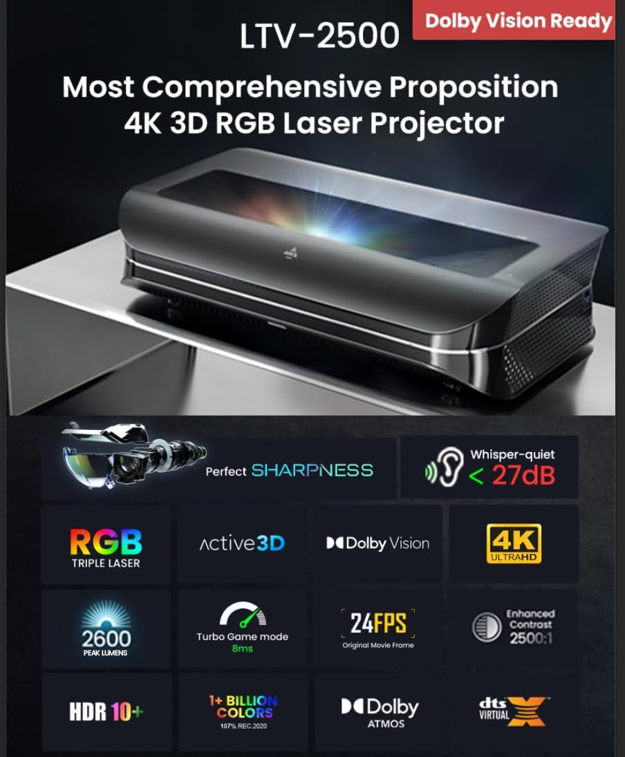 AWOL VISION LTV-2500 4K UHD drievoudige laserprojector met ultrakorte projectieafstand en Dolby Vision Atmos, Active 3D, 150, 2600 pieklimen, HDR10, UST Laser-tv-projector (inclusief Fire TV Stick 4K Max)