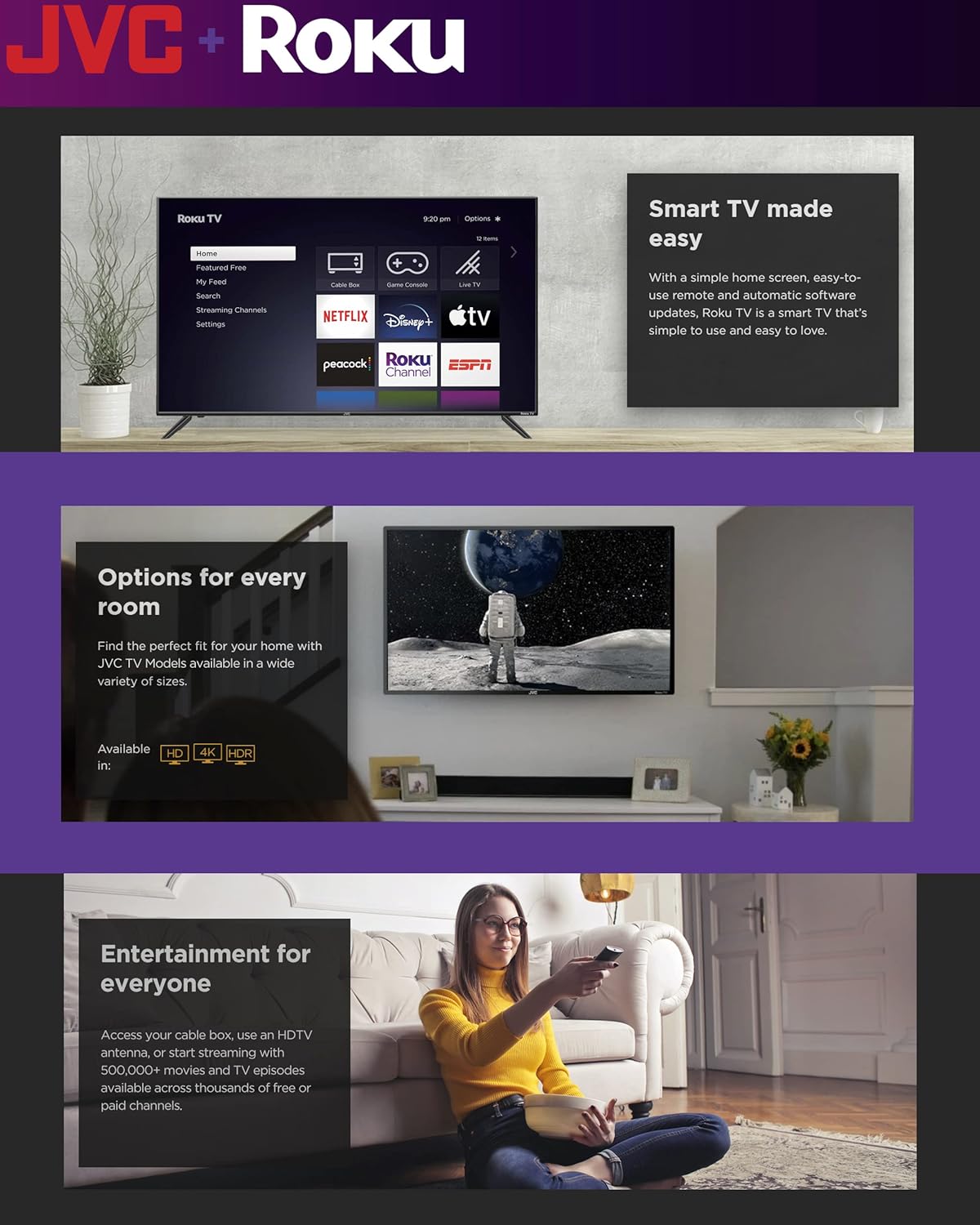 JVC 32-Inch 720p HD LED Roku Smart TV with Voice Control App, Airplay, Screen Casting,  300  Free Streaming Channels (LT32MAW2) · v3