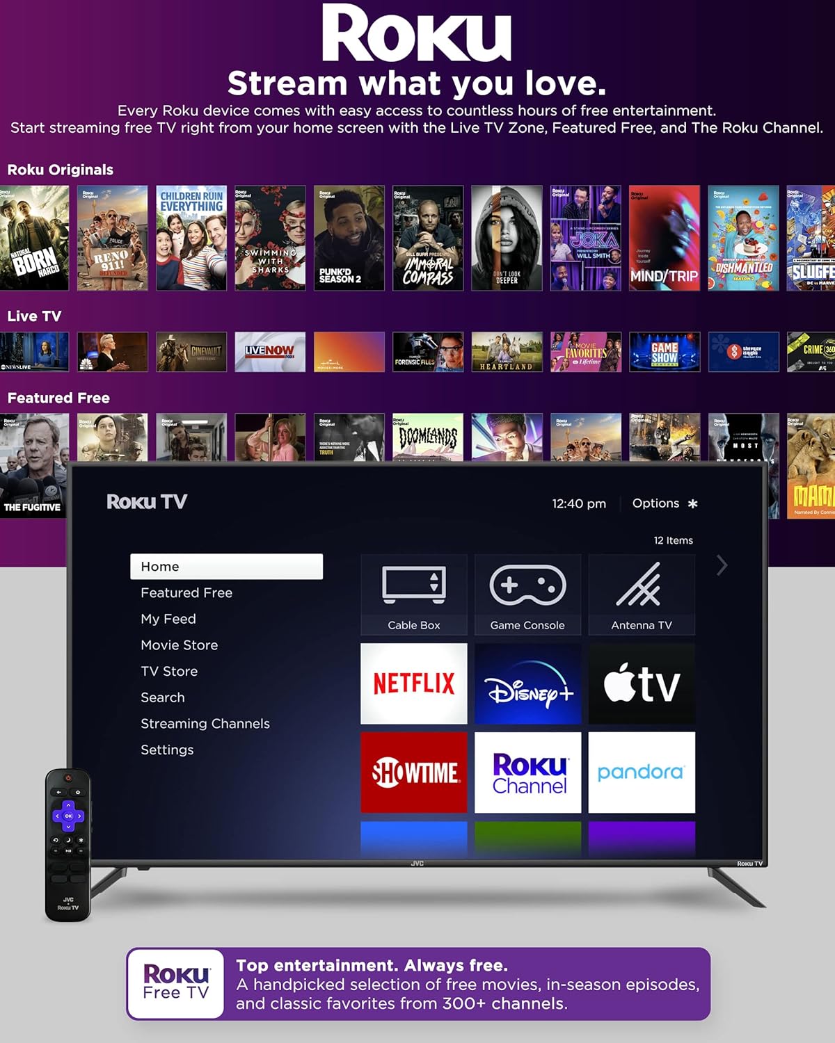 JVC 32-Inch 720p HD LED Roku Smart TV with Voice Control App, Airplay, Screen Casting,  300  Free Streaming Channels (LT32MAW2) · v3