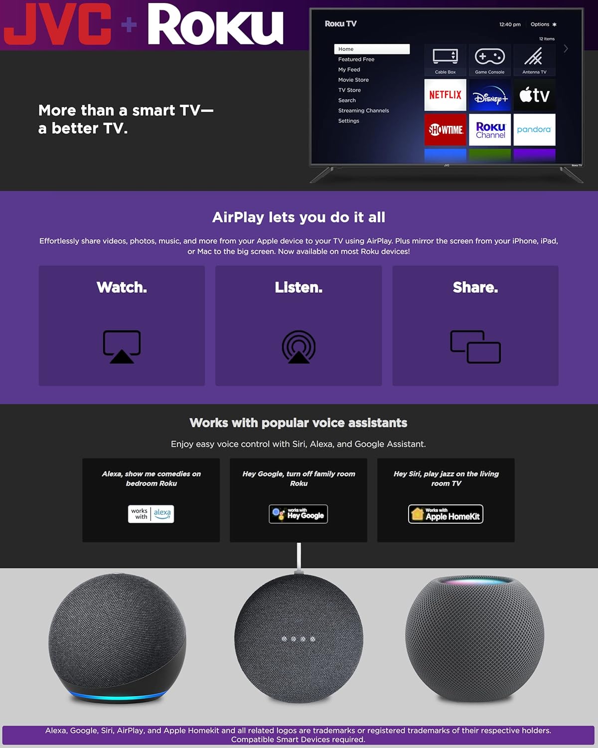JVC 32-Inch 720p HD LED Roku Smart TV with Voice Control App, Airplay, Screen Casting,  300  Free Streaming Channels (LT32MAW2) · v3