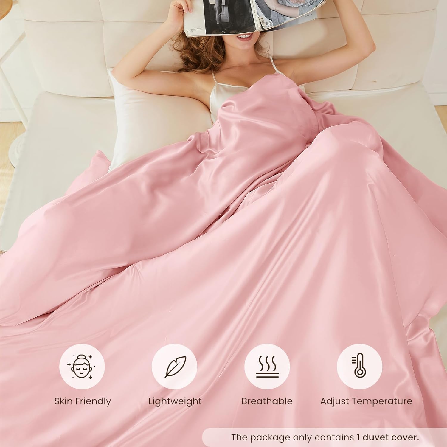 THXSILK Silk Duvet Cover Twin Size 1 Piece, 100% 6A  Top Grade Mulberry Silk Upscale Series Quilt Comforter Cover with Zipper Luxury Soft Bedding Silk Sheet for Hair and Skin, Charming Pink · v6