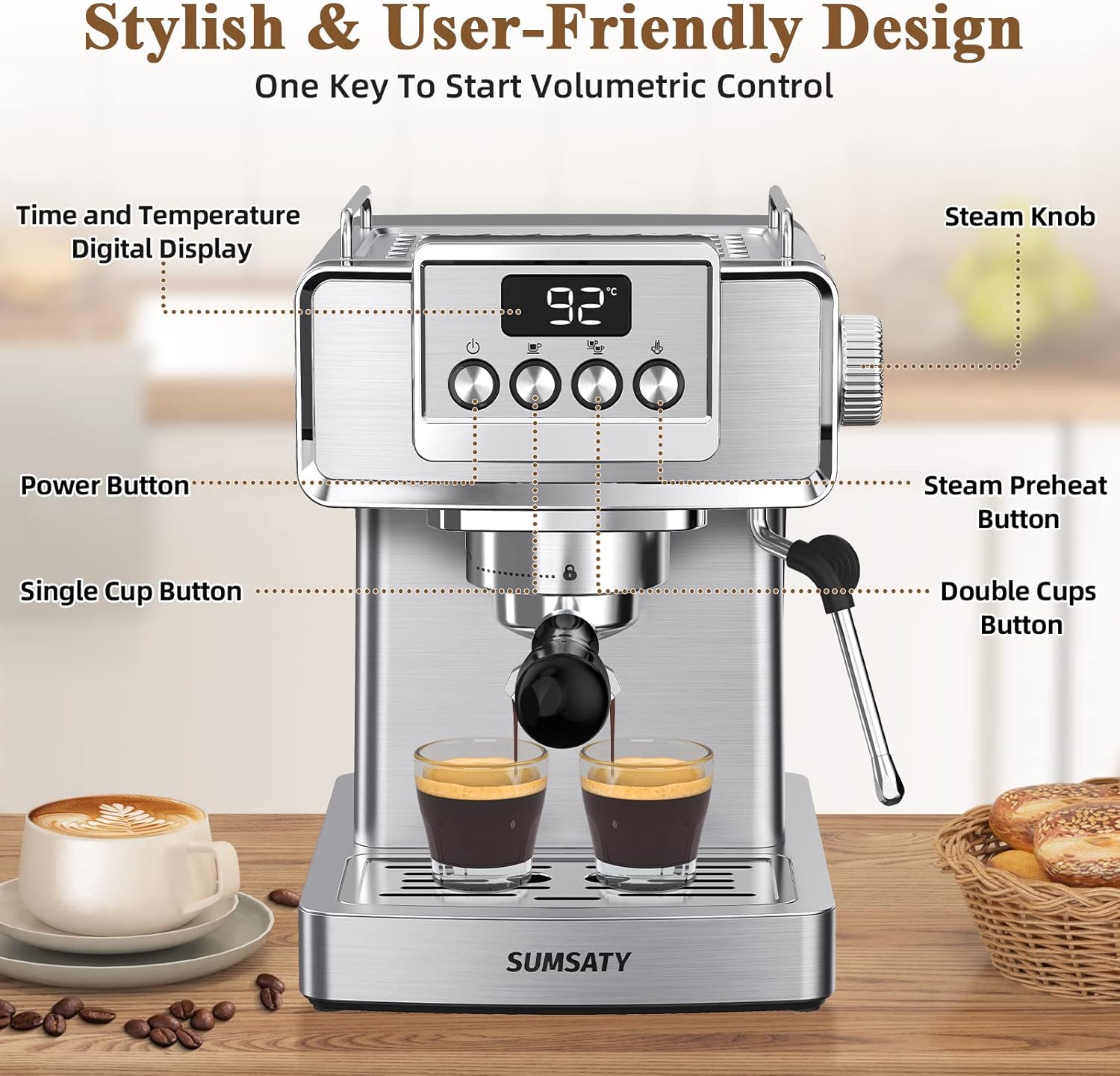 SUMSATY Espresso Machine, Stainless Steel Espresso Machine with Milk Frother for Latte, Cappuccino, Machiato,for Home Espresso Maker, 1.8L Water Tank, 20 Bar · v2