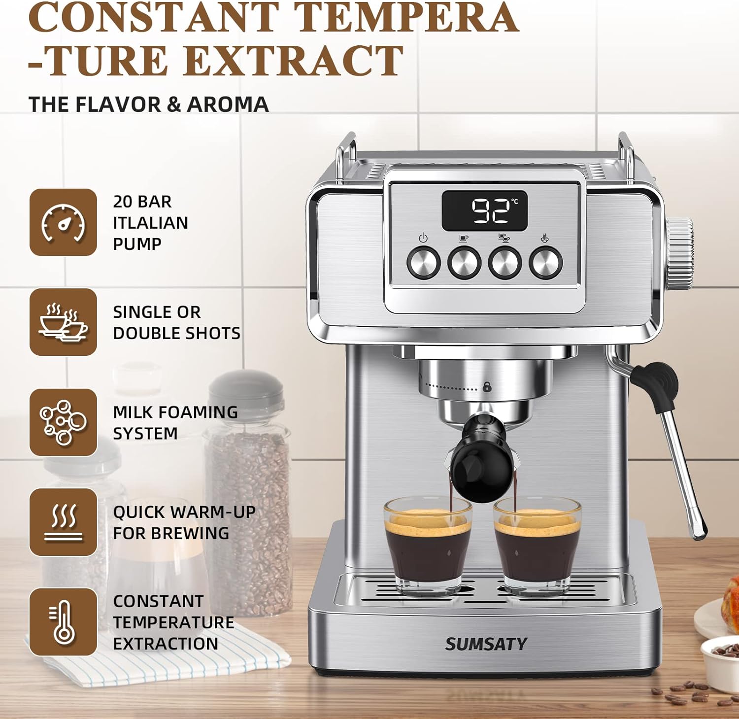 SUMSATY Espresso Machine, Stainless Steel Espresso Machine with Milk Frother for Latte, Cappuccino, Machiato,for Home Espresso Maker, 1.8L Water Tank, 20 Bar · v2
