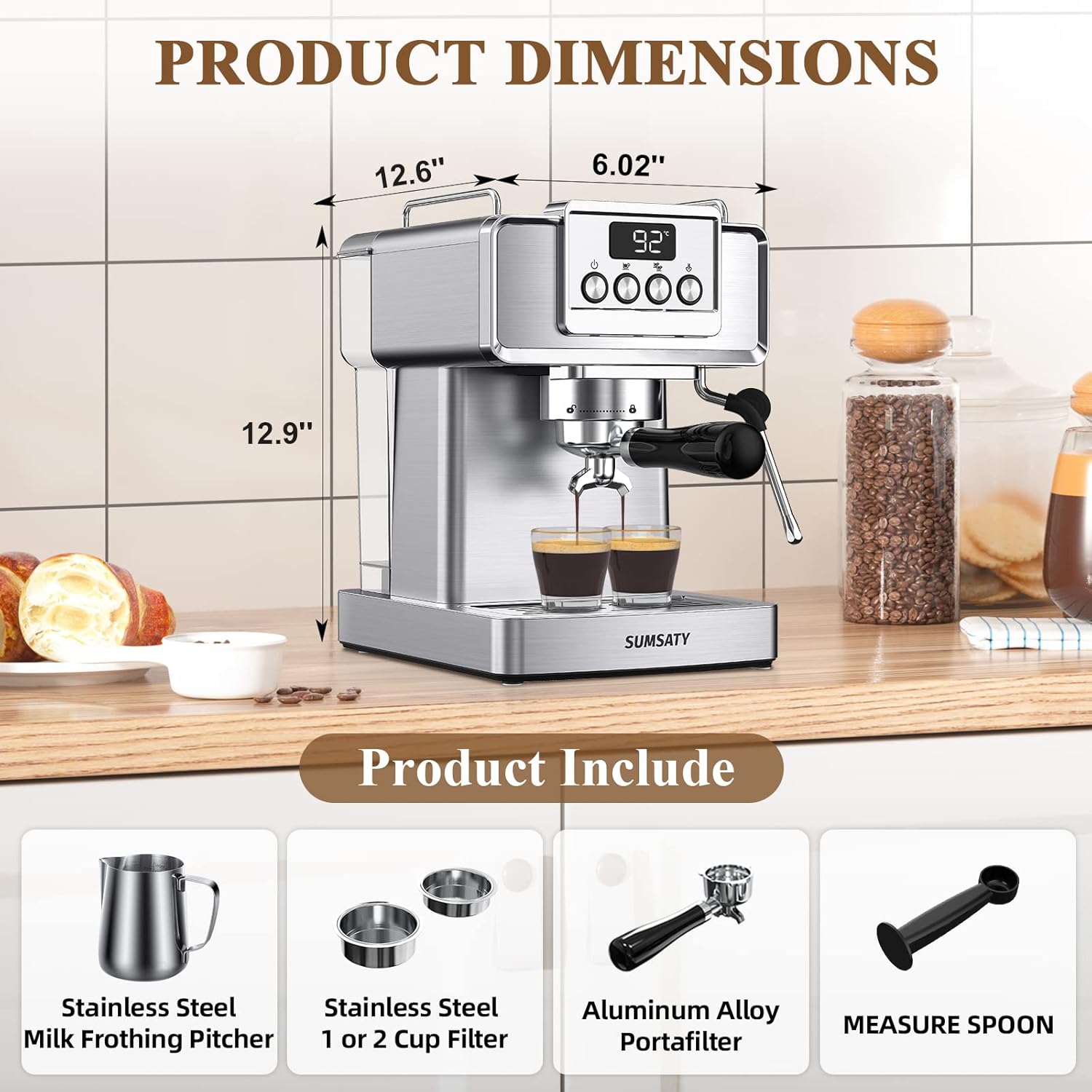 SUMSATY Espresso Machine, Stainless Steel Espresso Machine with Milk Frother for Latte, Cappuccino, Machiato,for Home Espresso Maker, 1.8L Water Tank, 20 Bar · v2