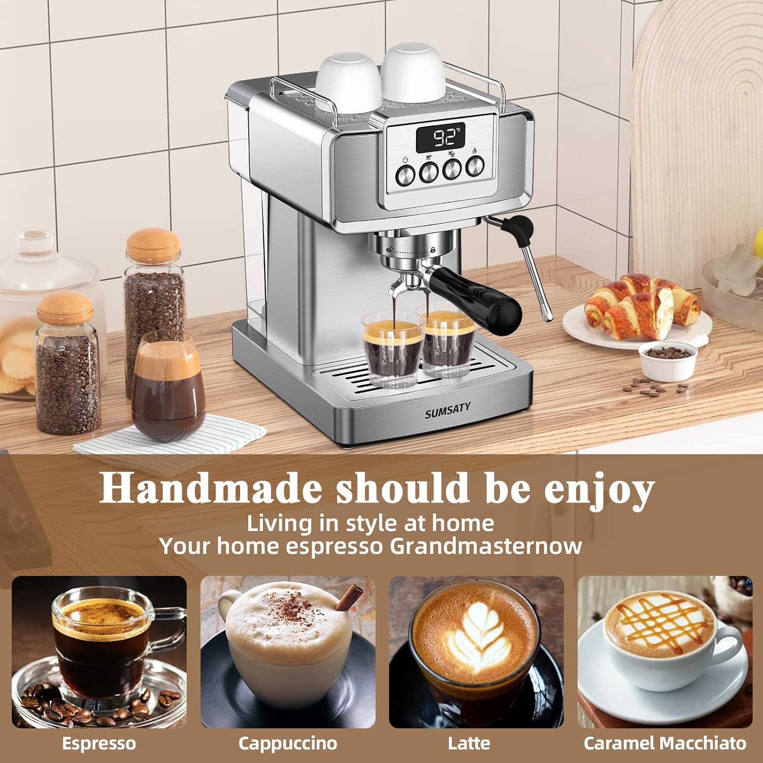 SUMSATY Espresso Machine, Stainless Steel Espresso Machine with Milk Frother for Latte, Cappuccino, Machiato,for Home Espresso Maker, 1.8L Water Tank, 20 Bar · v2
