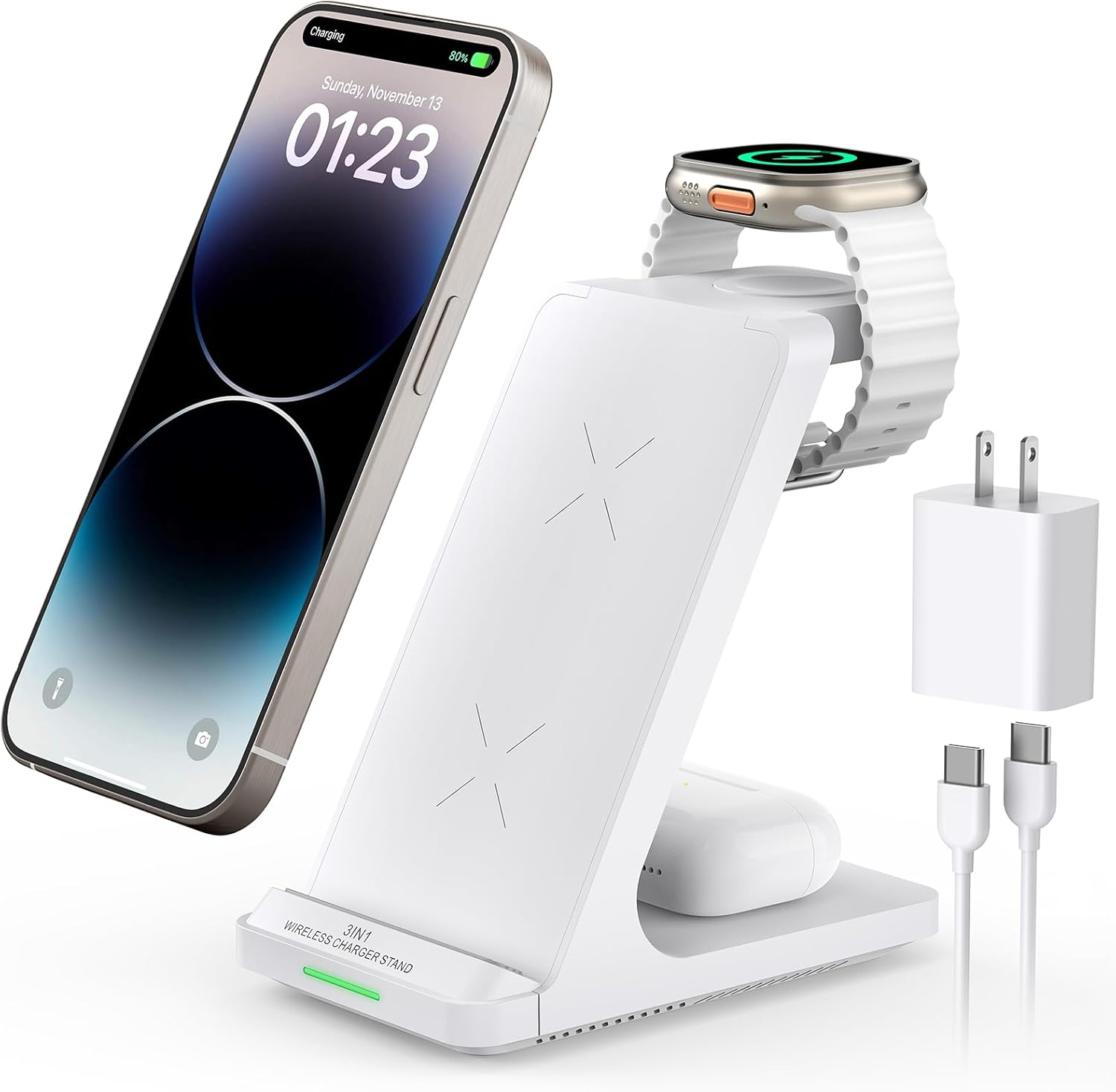 무선 충전 스테이션, 3 in 1 고속 무선 충전 스탠드, 여러 기기 Apple Watch Ultra Series 9 8 7 6 SE 5 4 3 2, iPhone 16 15 14 13 12 11 Pro Max/Plus/Mini/X/XS/Max/XR/SE, Airpods