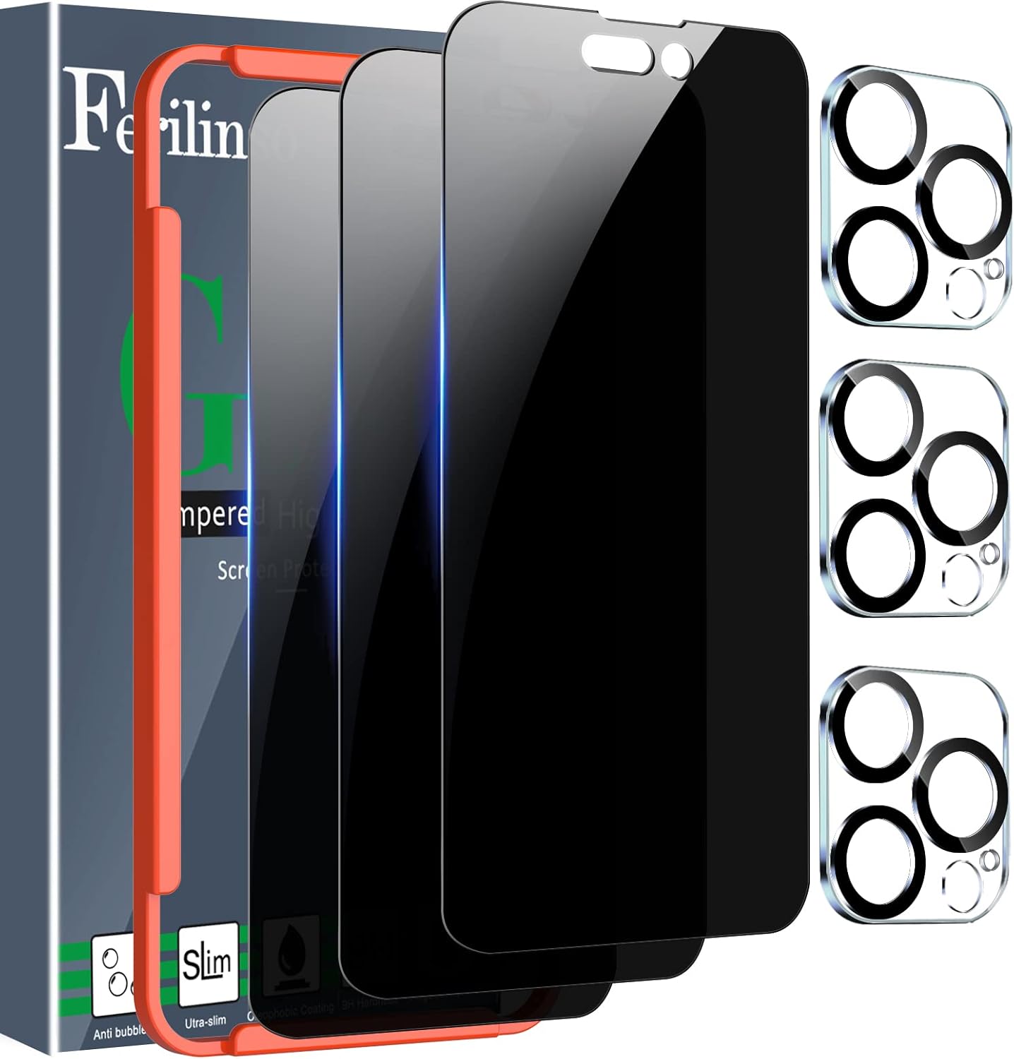 Ferilinso [3 3 Pack] for Apple iPhone 14 Pro Max Privacy Screen Protector Tempered Glass Accessories 3 Pack 9H Anti Spy Privacy Screen For iPhone 14 Pro Max 3 Pack Camera Lens Protector