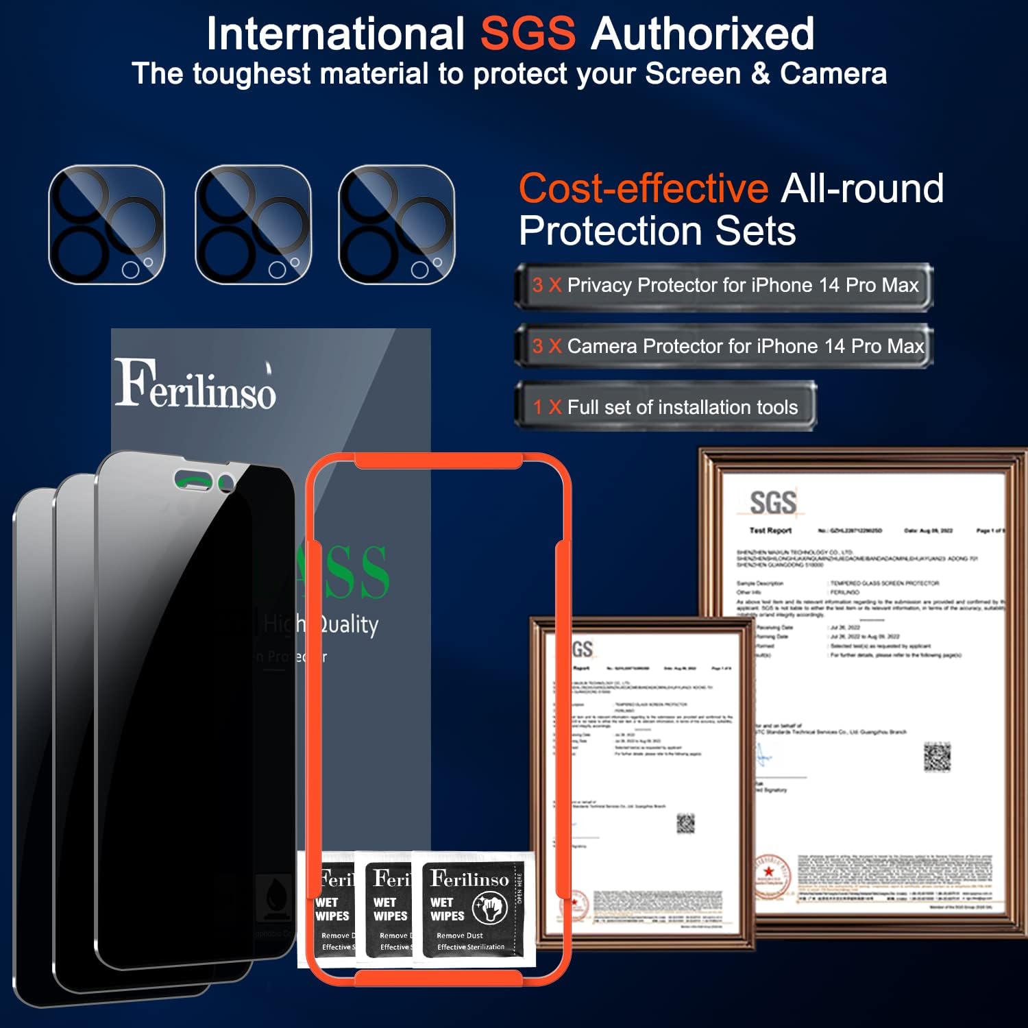 Ferilinso [3 pakiet] do Apple iPhone 14 Pro Max Privacy Screen Protector Akcesoria ze szkła hartowanego 3 szt. 9H Anti Spy Ekran prywatności do iPhone'a 14 Pro Max 3-pakowy ochraniacz obiektywu aparatu