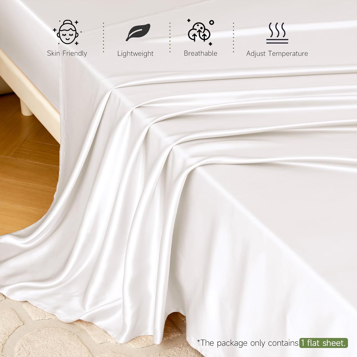 THXSILK 22 Momme 1 Pcs Silk Flat Sheet, 100% Top Grade Pure Mulberry Silk Bed Sheet Luxury Ultra Comfortable Bedding Durable (Full, Cream White) · v12