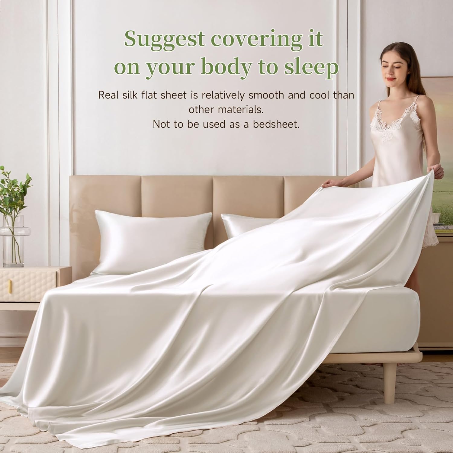 THXSILK 22 Momme 1 Pcs Silk Flat Sheet, 100% Top Grade Pure Mulberry Silk Bed Sheet Luxury Ultra Comfortable Bedding Durable (Full, Cream White) · v12