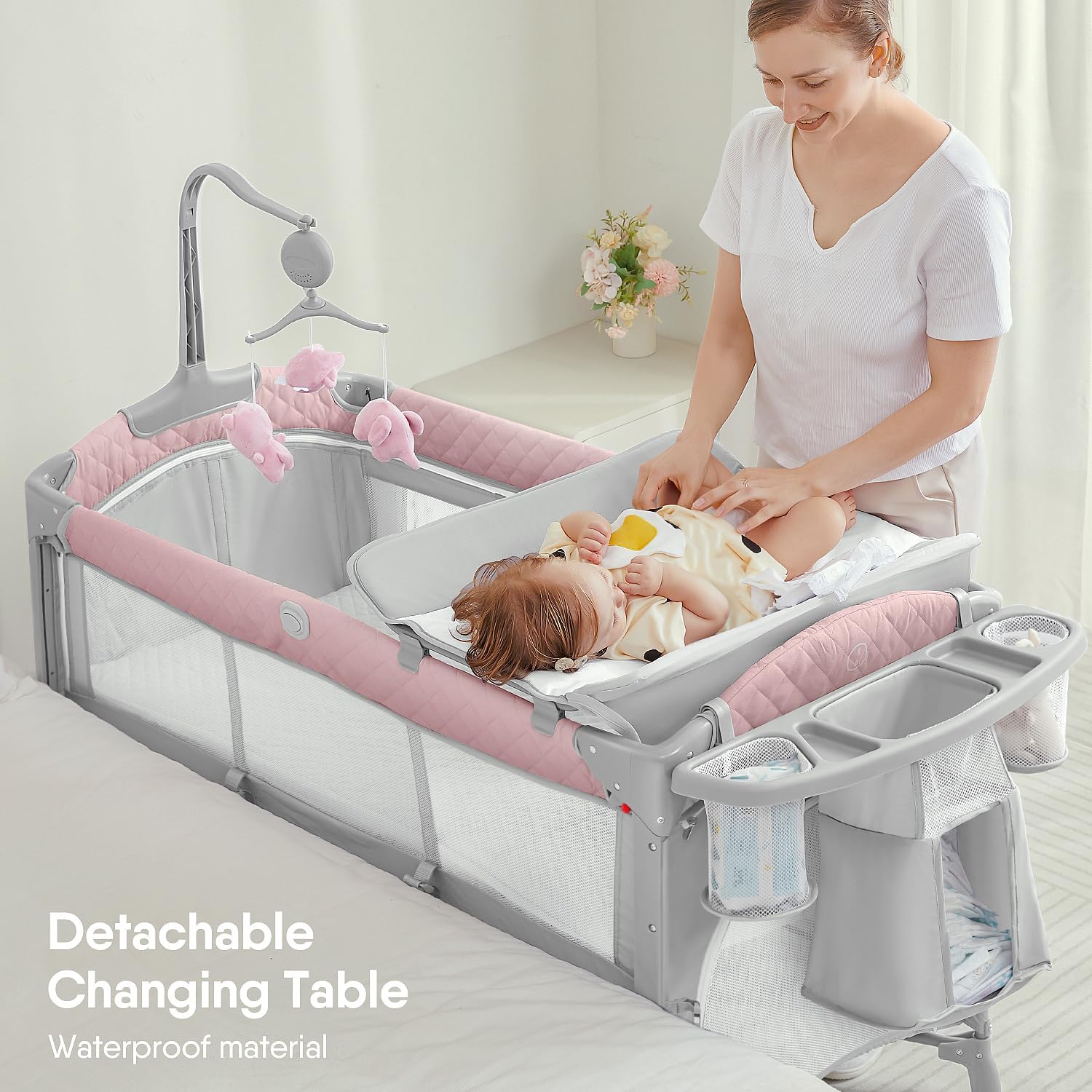 BabyBond Baby Bassinet Bedside Crib, Pack and Play with Sheet, Diaper Changing Table and Music Mobile from Newborn to Toddles, Portable Large Playard · v2