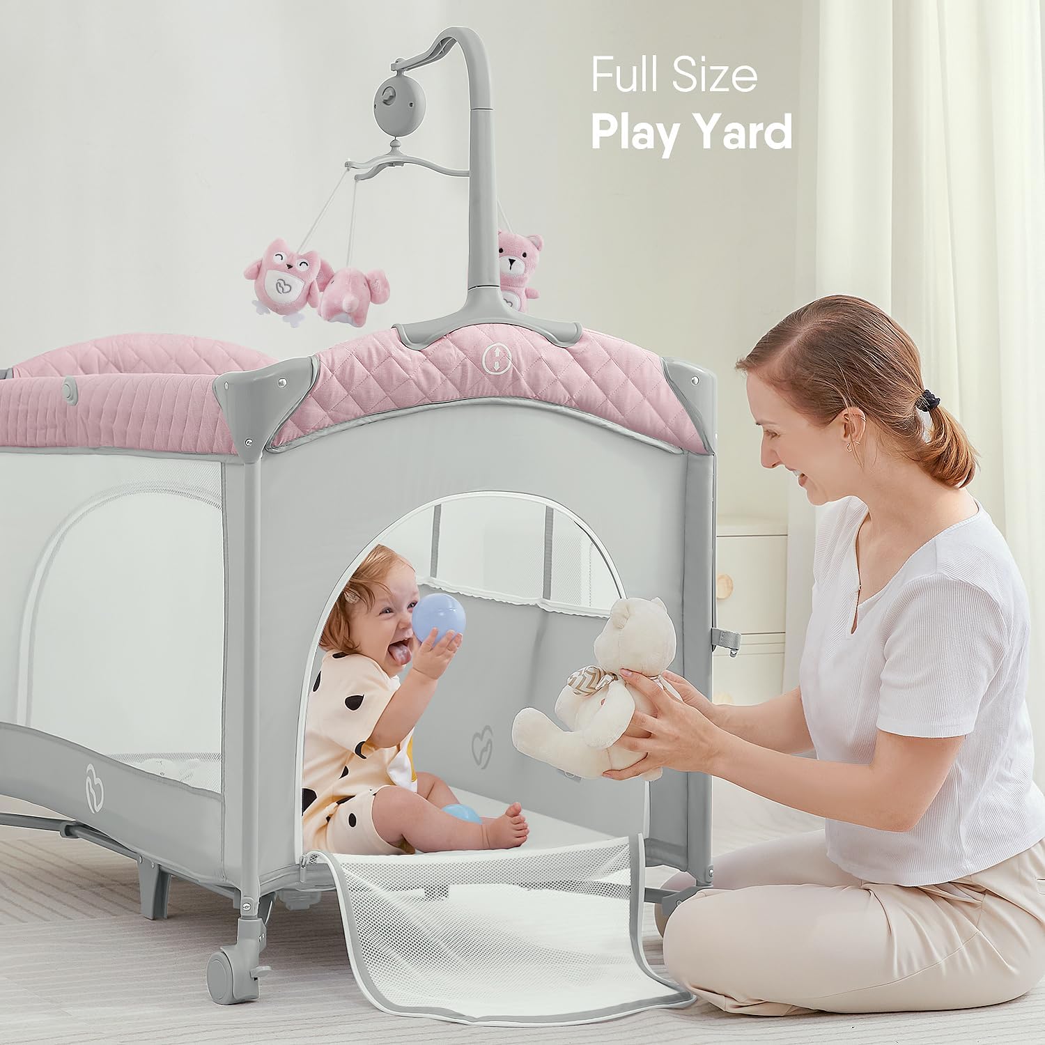 BabyBond Baby Bassinet Bedside Crib, Pack and Play with Sheet, Diaper Changing Table and Music Mobile from Newborn to Toddles, Portable Large Playard · v2