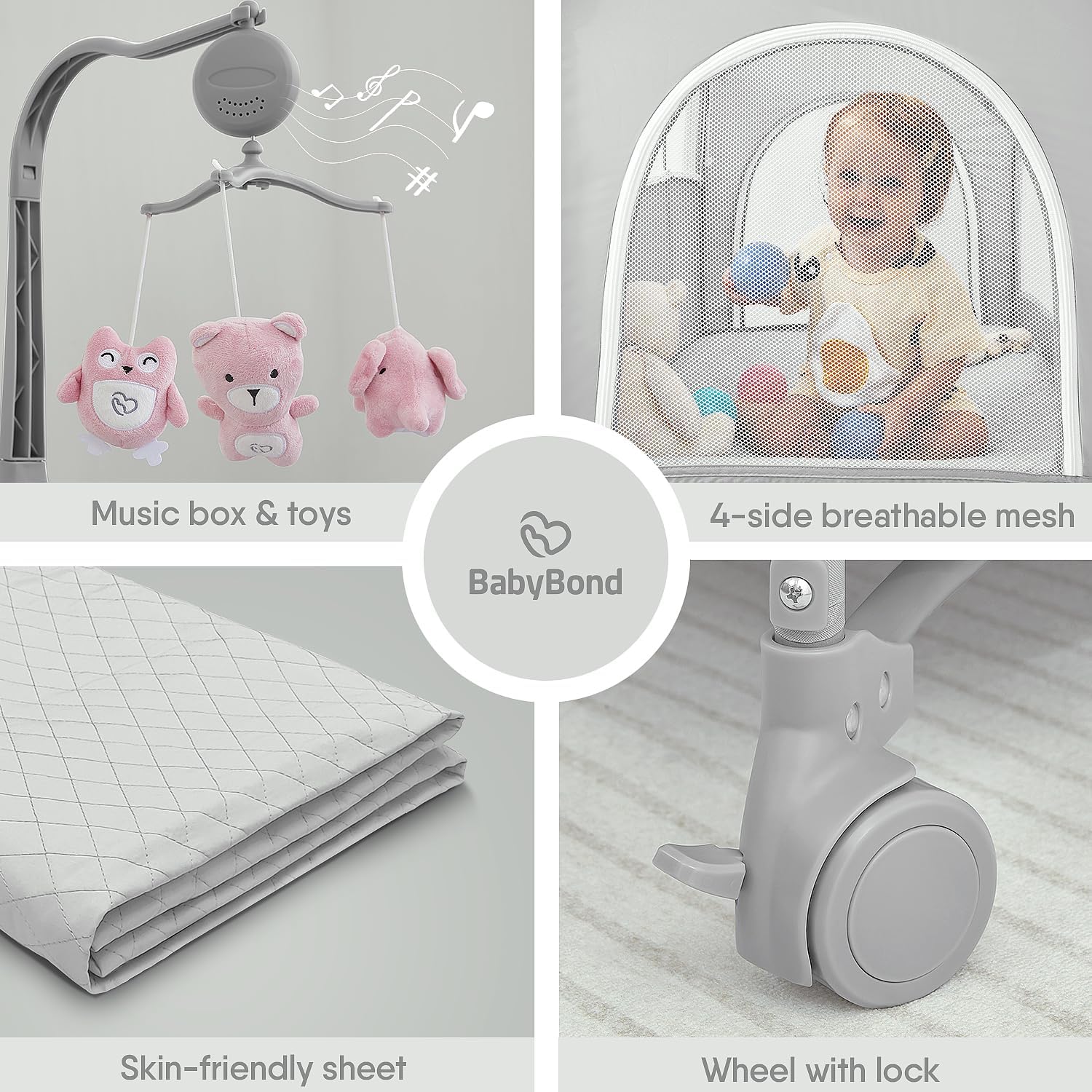 BabyBond Baby Bassinet Bedside Crib, Pack and Play with Sheet, Diaper Changing Table and Music Mobile from Newborn to Toddles, Portable Large Playard · v2