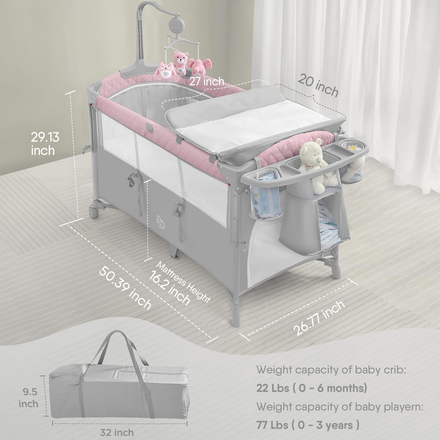 BabyBond Baby Bassinet Bedside Crib, Pack and Play with Sheet, Diaper Changing Table and Music Mobile from Newborn to Toddles, Portable Large Playard · v2
