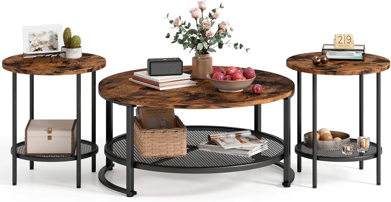 LINSY Home, set di 3 tavolini da caffè rotondi per soggiorno, tavolino da caffè industriale con ripiano a giorno, superficie in legno rustico, robuste gambe in metallo, tavolino da caffè circolare grande, marrone e nero
