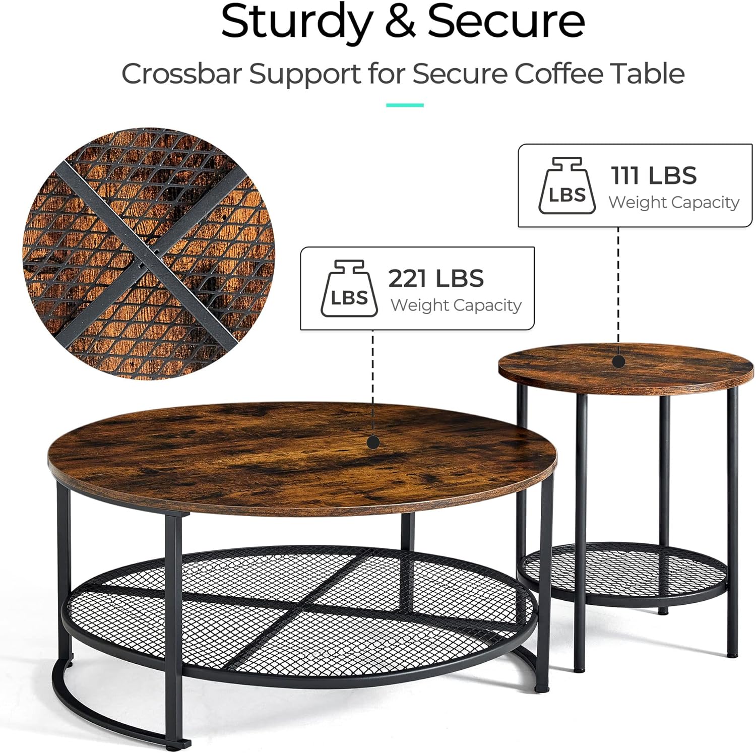 LINSY Home, set di 3 tavolini da caffè rotondi per soggiorno, tavolino da caffè industriale con ripiano a giorno, superficie in legno rustico, robuste gambe in metallo, tavolino da caffè circolare grande, marrone e nero