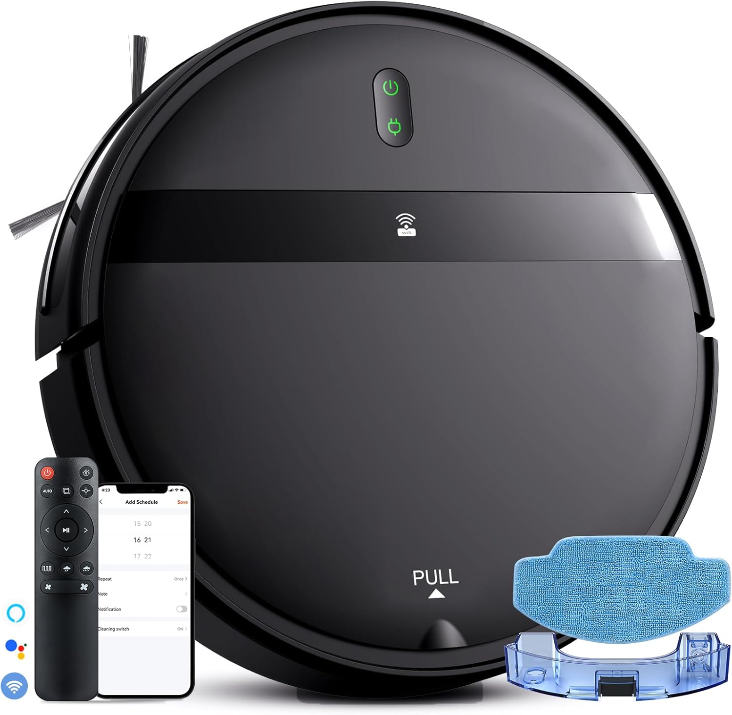 로봇 진공 청소기 및 걸레 콤보, WiFi/블루투스가 있는 앱/알렉사, 자체 충전 걸레질 로봇 진공 청소기, 일정 설정, 반려동물 털/카펫/딱딱한 바닥에 이상적인 최대 강력 흡입력