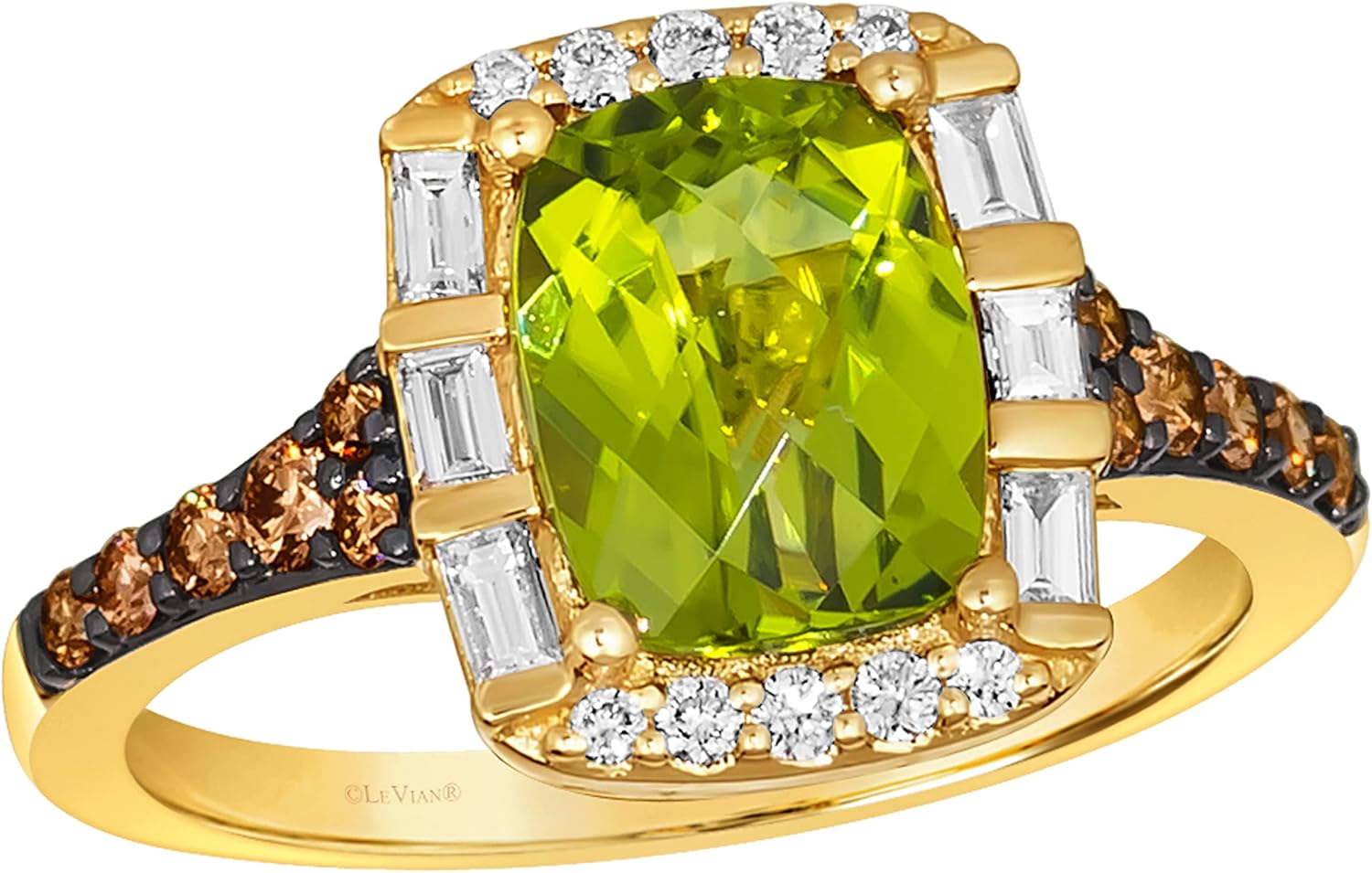 Anello da donna con diamante da 1/2 carato e peridoto verde con taglio a cuscino da 2 carati in oro giallo 14 carati (marrone/G-H, SI1-SI2/VS2-SI1, cttw) Anello Promise Anniversary misura da 5 a 10 di LeVian