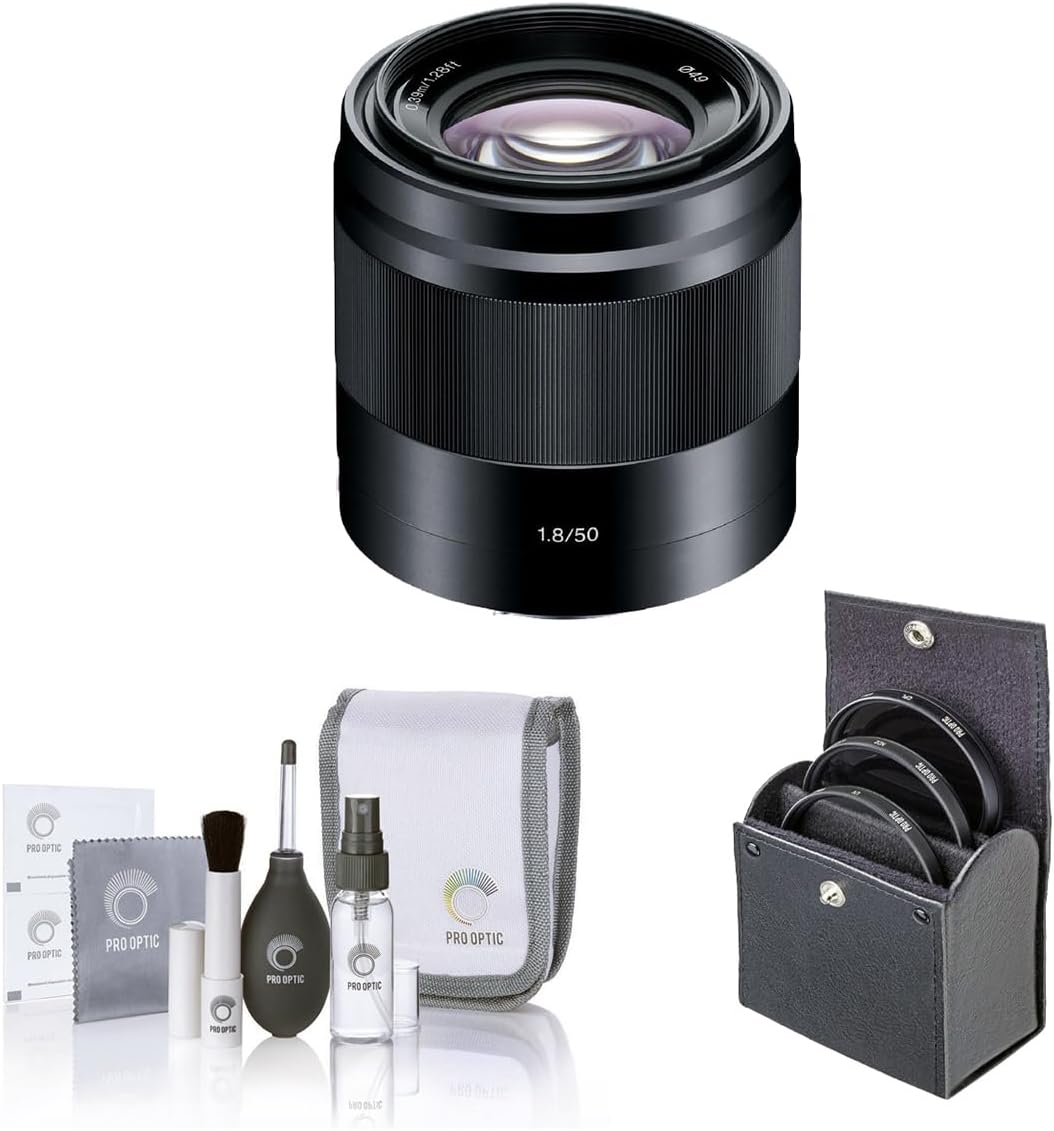 Obiettivo Sony E 50mm f/1.8 OSS per Sony E, nero, pacchetto con kit filtro da 49 mm e kit di pulizia