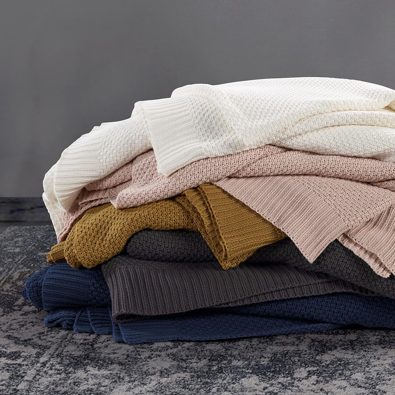 HiEnd Accents Cotton Cable Knit Blanket, Super King Size, Navy Solid Color, Modern Farmhouse Style, Soft Cozy Warm Luxury Throw · v2