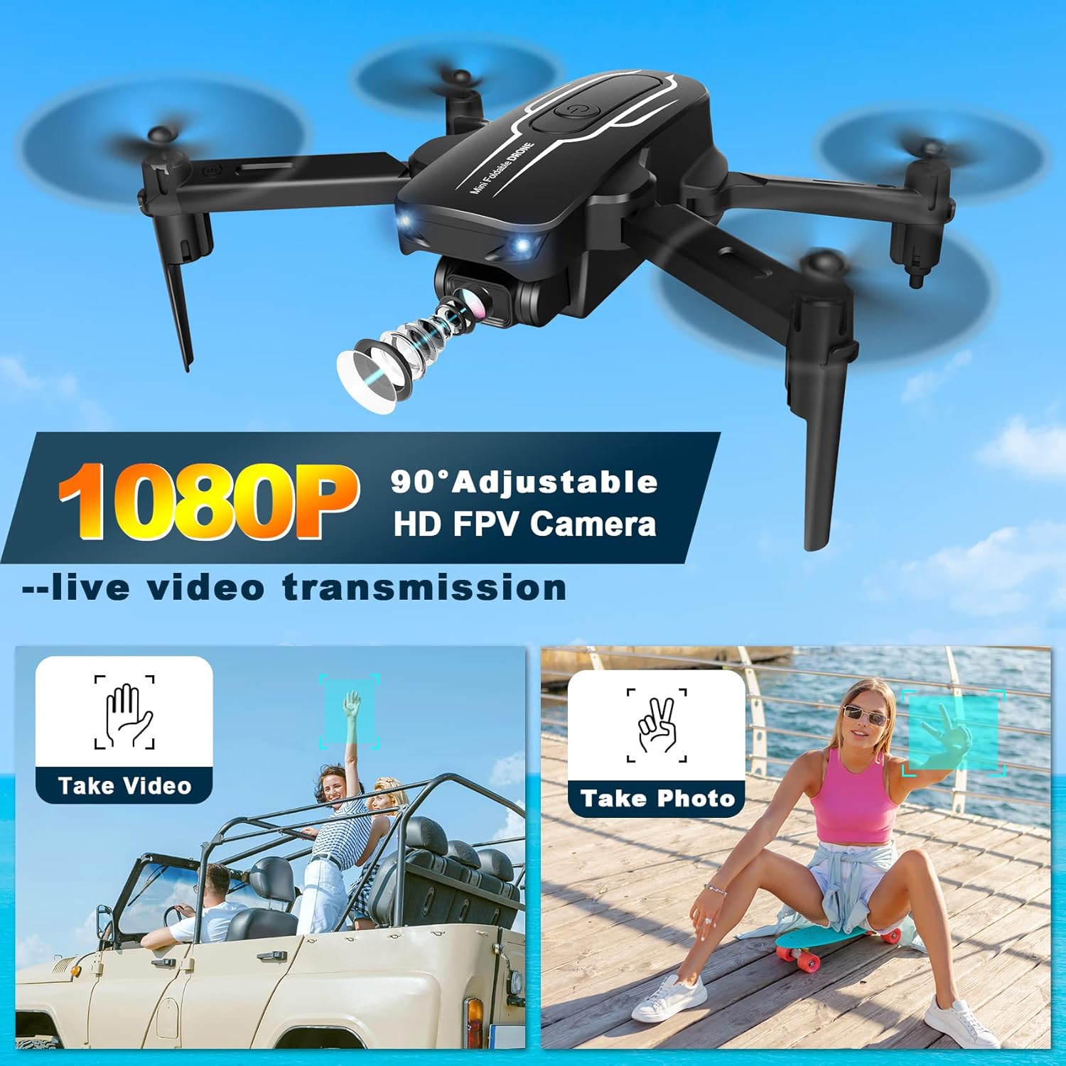 Mini Drone with Camera for Adults Youth - 1080P HD FPV Camera Drones with 90° Adjustable Lens, Gestures Selfie, One Key Start, 360° Flips, Toys Gifts RC Quadcopter for Boys Girls with 2 Batteries · v4