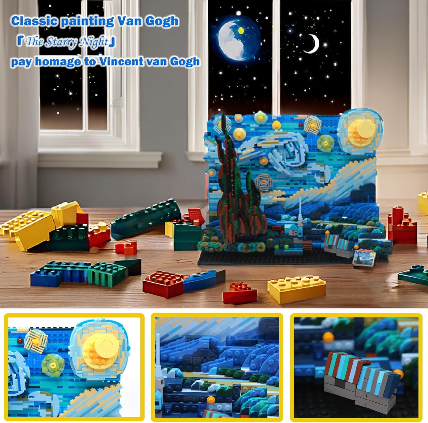 The Starry Night Toy Building Sets,DIY Building Blocks Van Gogh Starry Sky World Painting,Small Particles Childrens Educational Assemble 3D Model,Stacking Blocks for Children and Adults (Blue) · v5