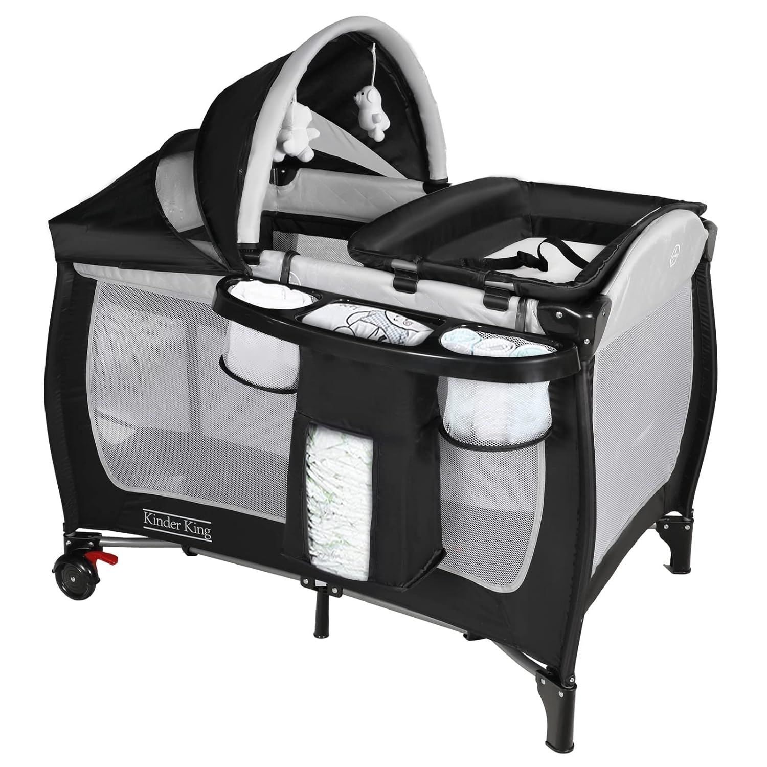 Kinder King 4 in 1 Portable Pack n Play, Baby Nursery Center Playard w/Bassinet, Playpen Besar untuk Bayi dan Balita, Meja Ganti Popok Bayi Baru Lahir, Kanopi yang Dapat Disesuaikan, Keranjang Penyimpanan, Tas Travel, Hitam
