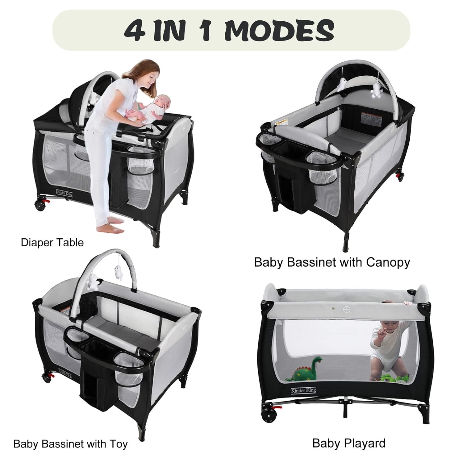 Kinder King 4 in 1 Portable Pack n Play, Baby Nursery Center Playard w/Bassinet, Large Playpen for Infant and Toddler, Newborn Changing Table, Adjustable Canopy, Storage Basket, Travel Bag, Black · v2