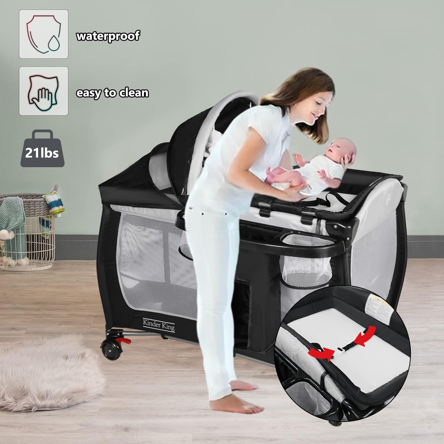 Kinder King 4 in 1 Portable Pack n Play, Baby Nursery Center Playard w/Bassinet, Large Playpen for Infant and Toddler, Newborn Changing Table, Adjustable Canopy, Storage Basket, Travel Bag, Black · v2
