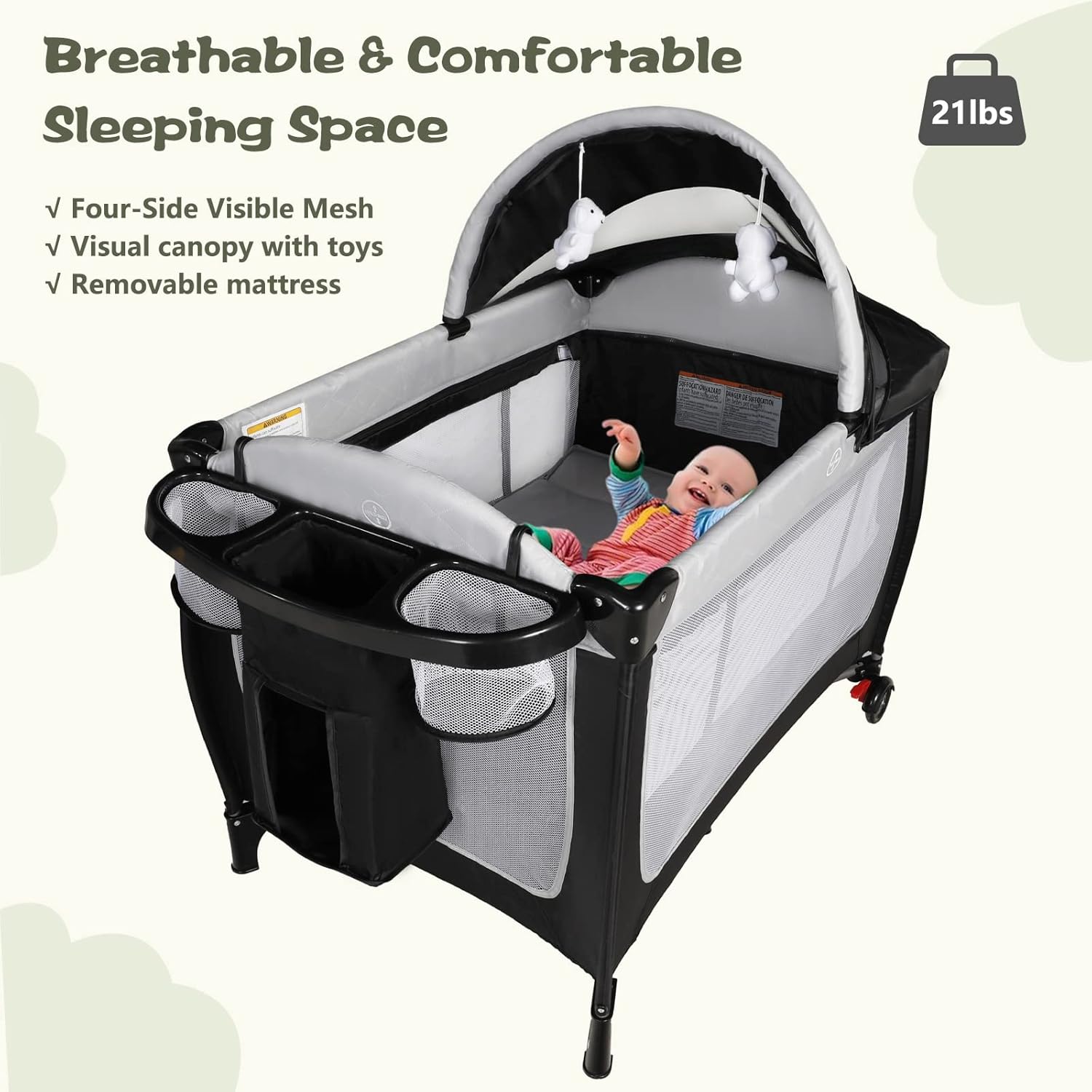 Kinder King 4 in 1 Portable Pack n Play, Baby Nursery Center Playard w/Bassinet, Large Playpen for Infant and Toddler, Newborn Changing Table, Adjustable Canopy, Storage Basket, Travel Bag, Black · v2