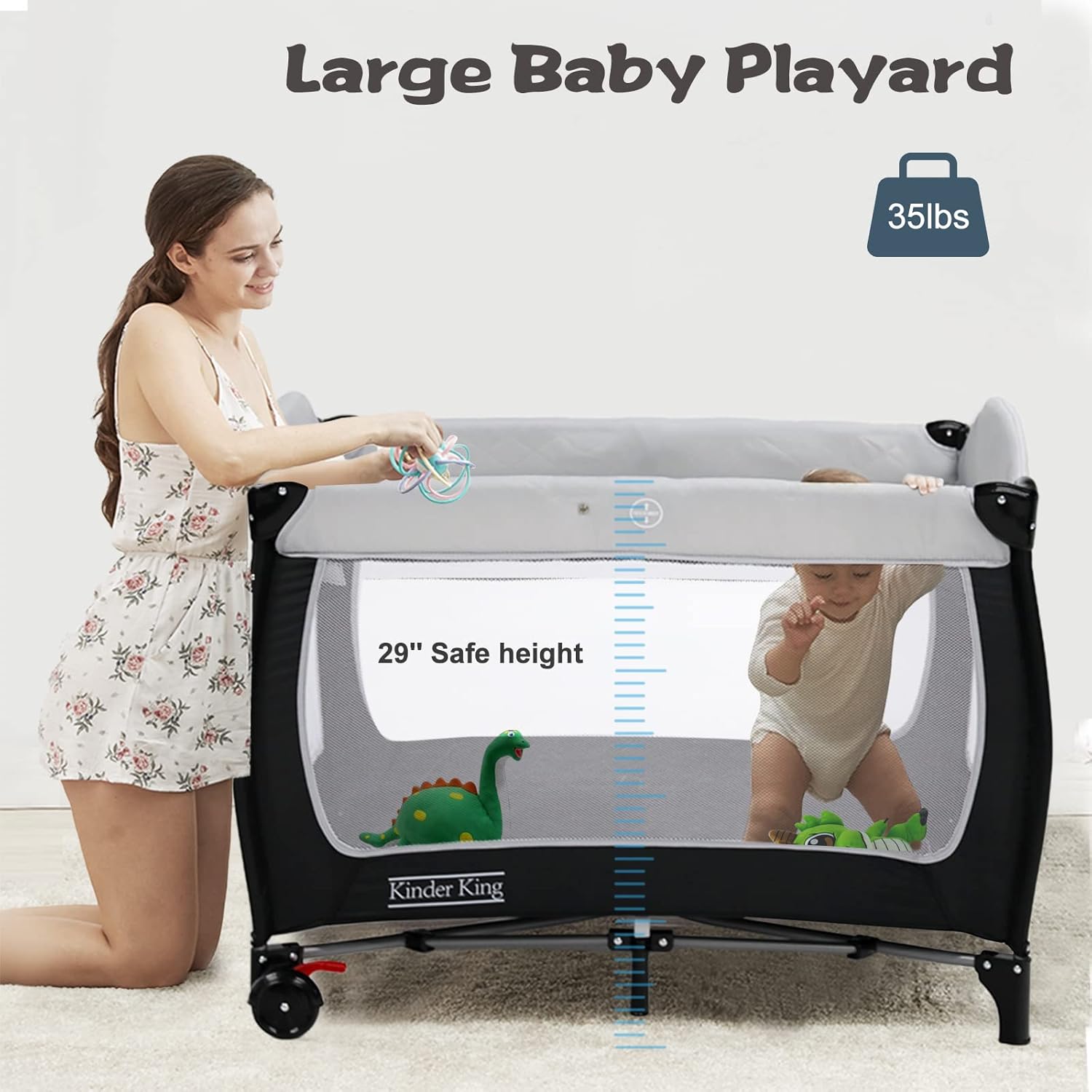 Kinder King 4 in 1 Portable Pack n Play, Baby Nursery Center Playard w/Bassinet, Large Playpen for Infant and Toddler, Newborn Changing Table, Adjustable Canopy, Storage Basket, Travel Bag, Black · v2