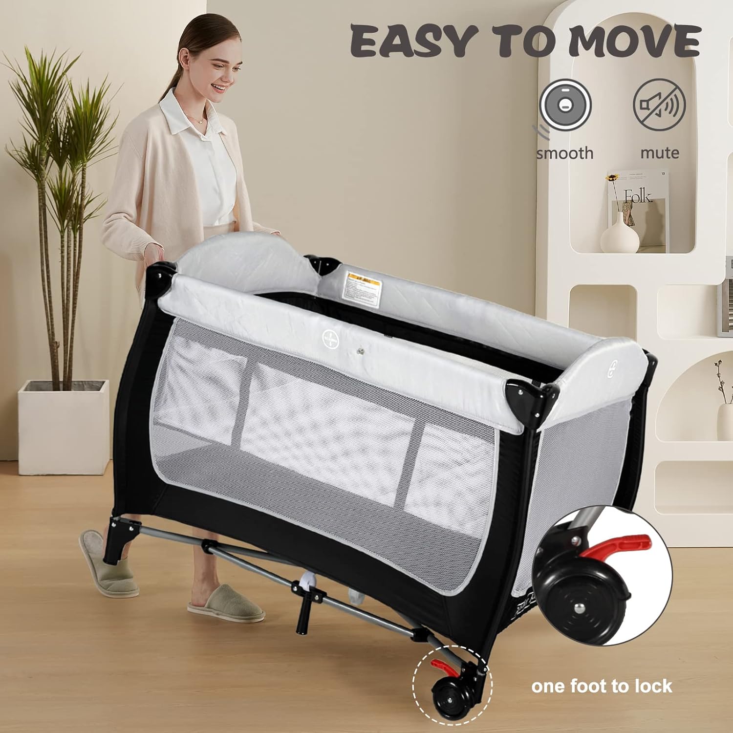 Kinder King 4 in 1 Portable Pack n Play, Baby Nursery Center Playard w/Bassinet, Large Playpen for Infant and Toddler, Newborn Changing Table, Adjustable Canopy, Storage Basket, Travel Bag, Black · v2