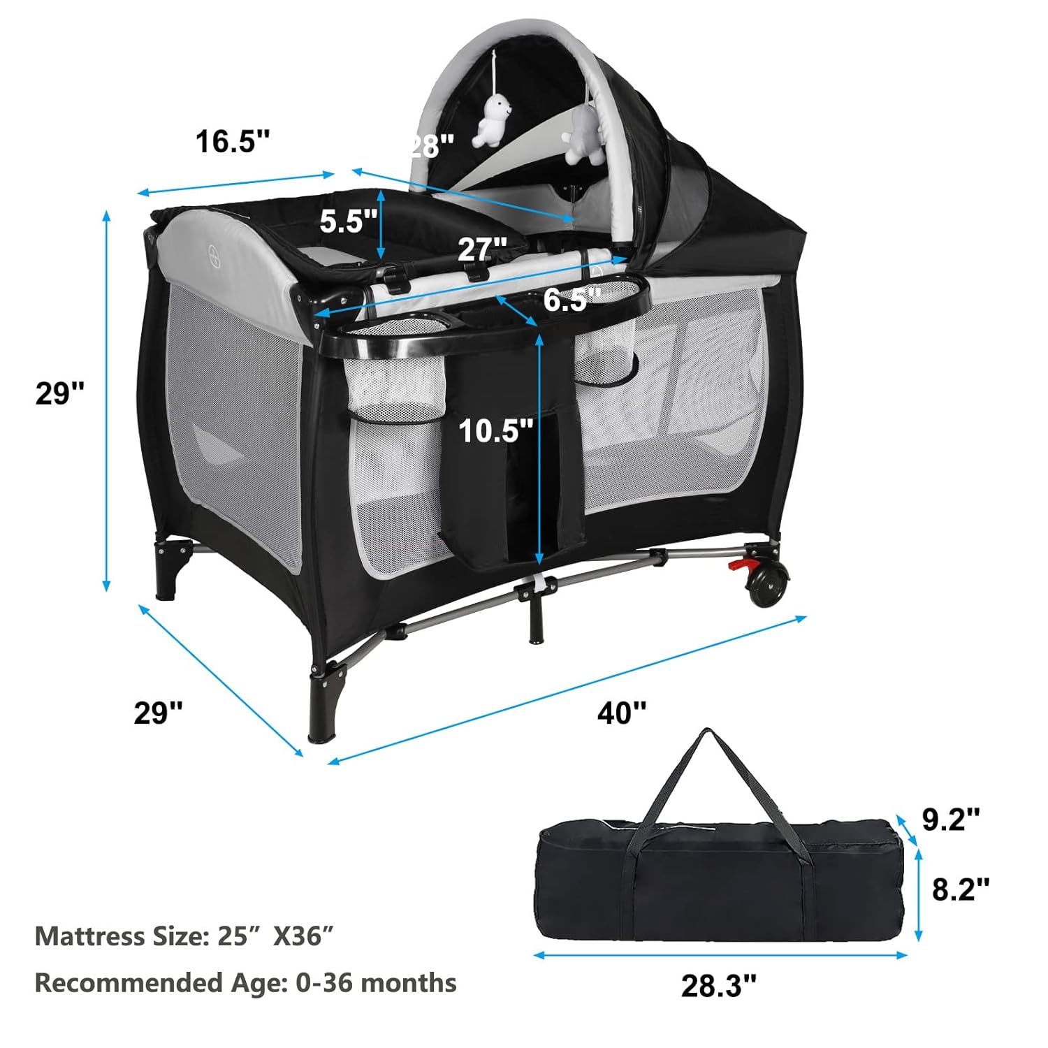 Kinder King 4 in 1 Portable Pack n Play, Baby Nursery Center Playard w/Bassinet, Large Playpen for Infant and Toddler, Newborn Changing Table, Adjustable Canopy, Storage Basket, Travel Bag, Black · v2
