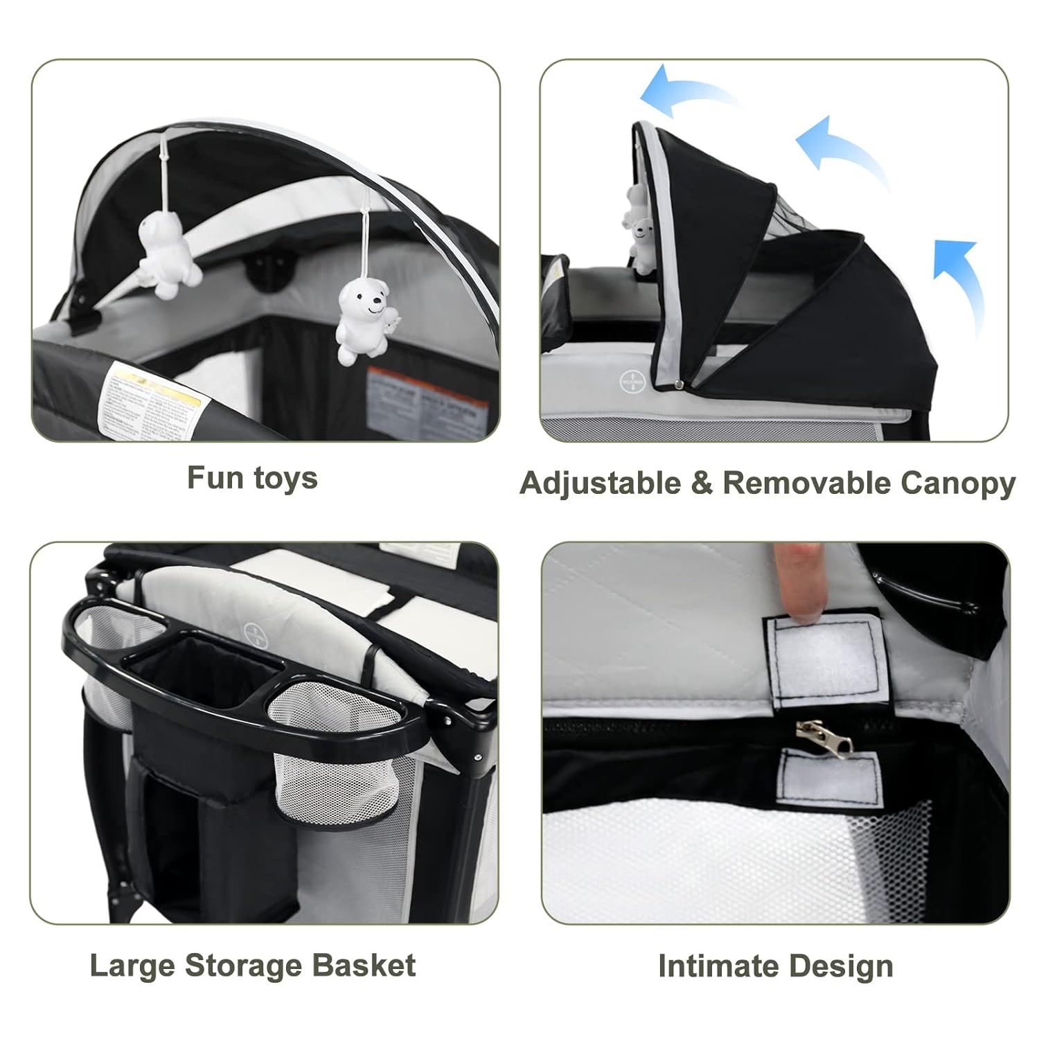 Kinder King 4 in 1 Portable Pack n Play, Baby Nursery Center Playard w/Bassinet, Large Playpen for Infant and Toddler, Newborn Changing Table, Adjustable Canopy, Storage Basket, Travel Bag, Black · v2