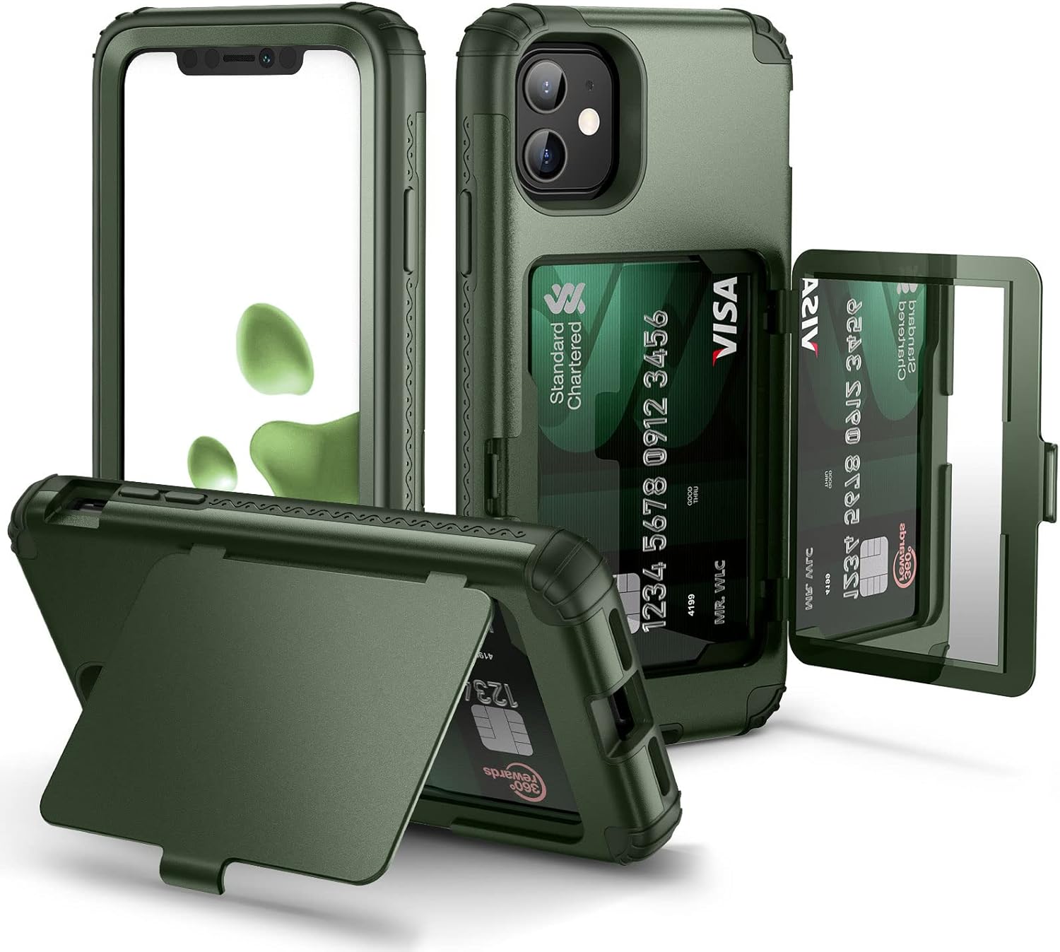 WeLoveCase for iPhone 11 Wallet Case for Women Defender Credit Card Holder Cover with Hidden Mirror Three Layer Shockproof Heavy Duty Protection All-Round Protective Case for iPhone 11 Green