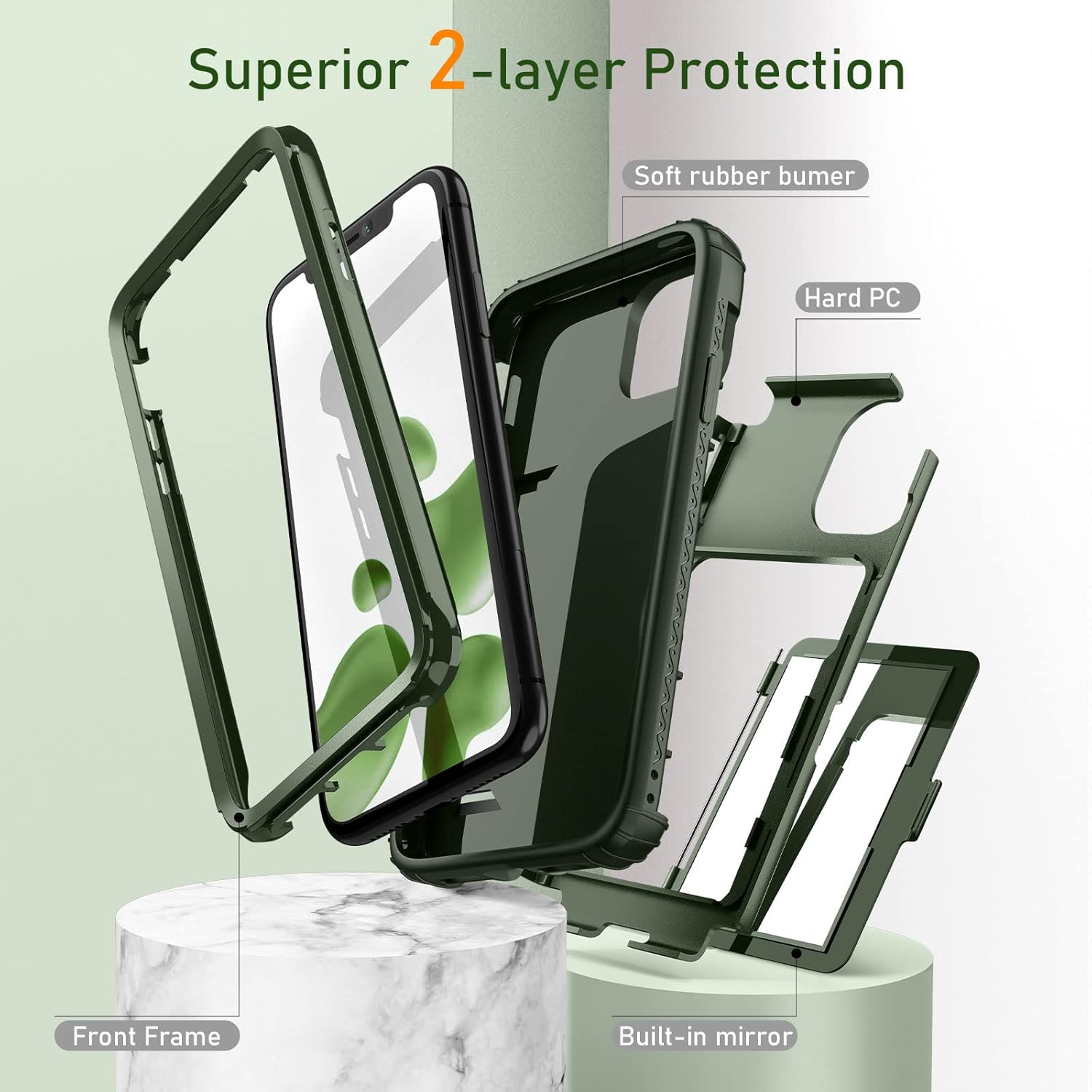 WeLoveCase na iPhone 11 Etui na portfel dla kobiet Pokrowiec na kartę kredytową Defender z ukrytym lustrem Trójwarstwowe odporne na wstrząsy Heavy Duty Ochronne etui ochronne do iPhone'a 11 Zielone