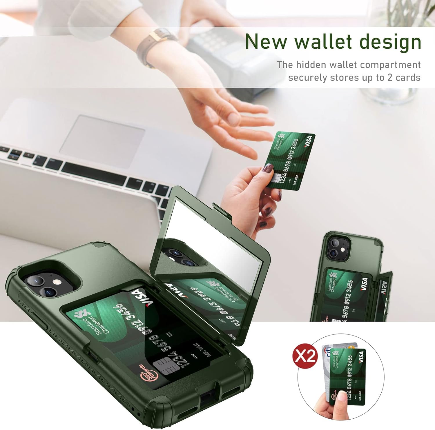 WeLoveCase na iPhone 11 Etui na portfel dla kobiet Pokrowiec na kartę kredytową Defender z ukrytym lustrem Trójwarstwowe odporne na wstrząsy Heavy Duty Ochronne etui ochronne do iPhone'a 11 Zielone