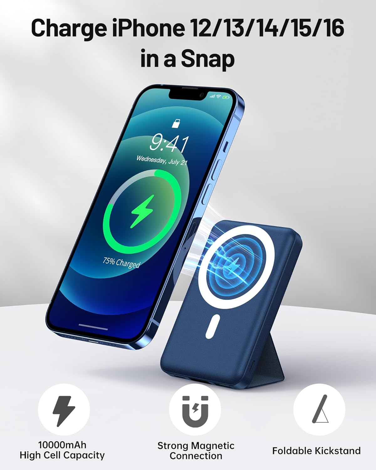 Chargeur portable magnétique sans fil Yiisonger, batterie pliable de 10 000 mAh avec câble USB-C, écran LED, batterie externe Mag-Safe, charge rapide par ordinateur de 22,5 W pour iPhone 16/15/14/13/Pro/Mini/Pro Max (bleu)