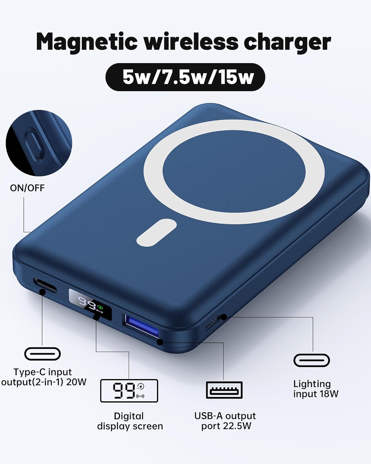 Chargeur portable magnétique sans fil Yiisonger, batterie pliable de 10 000 mAh avec câble USB-C, écran LED, batterie externe Mag-Safe, charge rapide par ordinateur de 22,5 W pour iPhone 16/15/14/13/Pro/Mini/Pro Max (bleu)