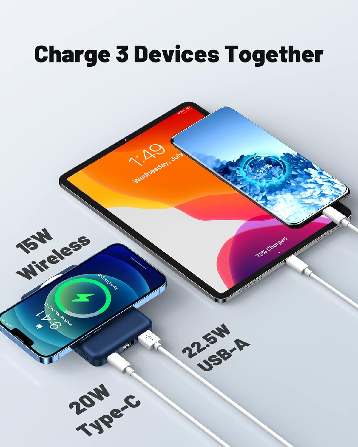 Chargeur portable magnétique sans fil Yiisonger, batterie pliable de 10 000 mAh avec câble USB-C, écran LED, batterie externe Mag-Safe, charge rapide par ordinateur de 22,5 W pour iPhone 16/15/14/13/Pro/Mini/Pro Max (bleu)