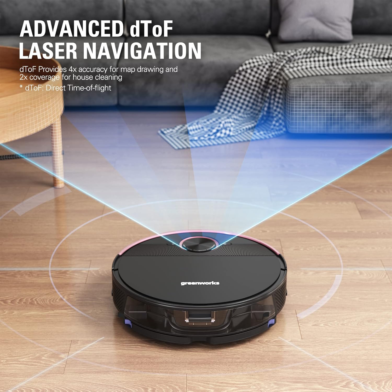 Greenworks GRV-5011 Robot Vacuum Cleaner with DToF Laser Navigation Technology, 3.3IN Thin Body, Vacuum and MOP 2 in 1, Auto Sweeper for Pet Hair, Hard Floor, Carpet · v7