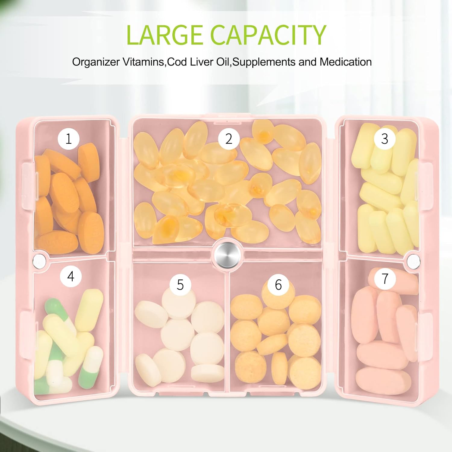 FYY 2 Pcs Daily Pill Organizer, 7 Compartments Portable Travel Pill Case,[Folding Design]Pill Box for Purse Pocket to Hold Vitamins,Cod Liver Oil,Supplements and Medication-Pink