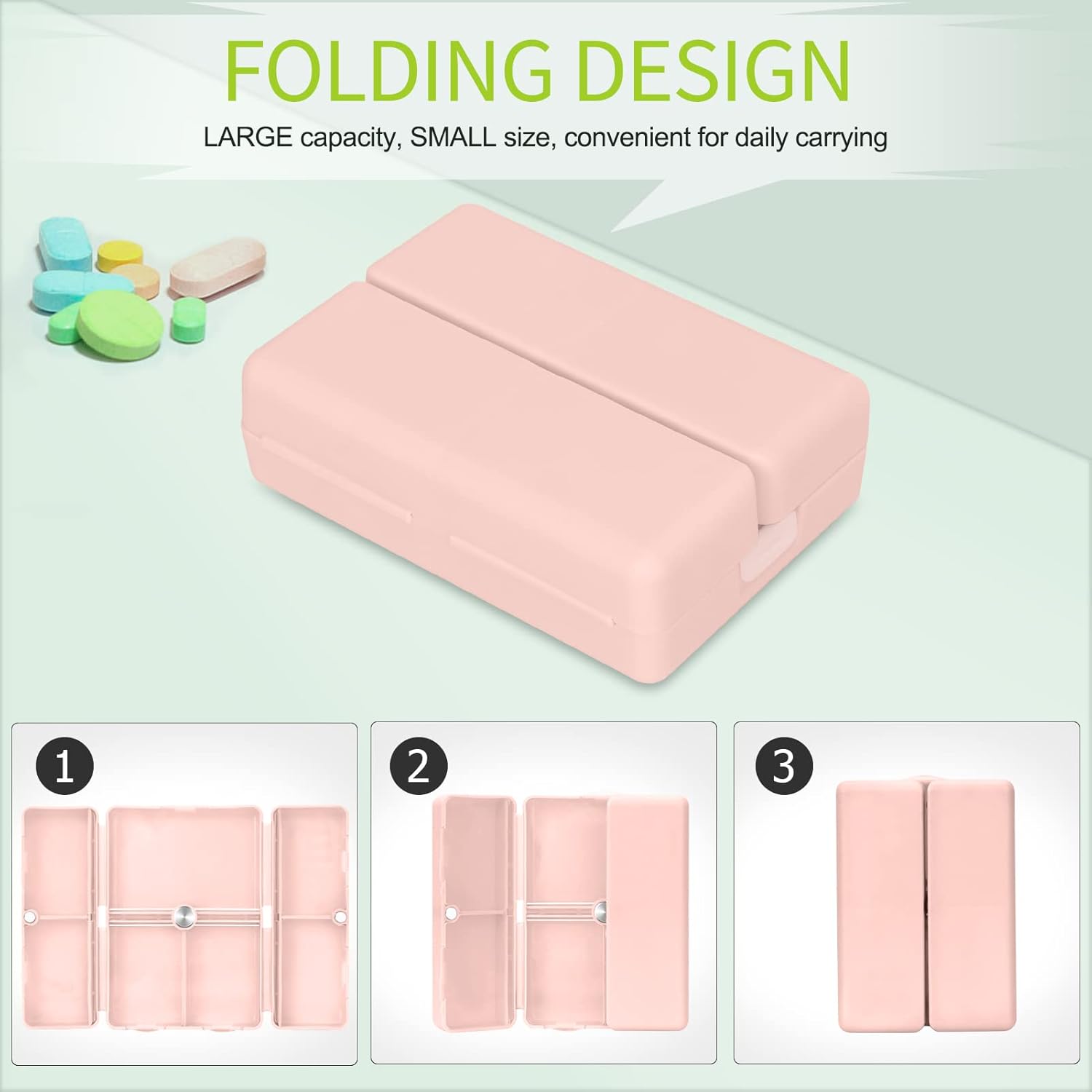 FYY 2 Pcs Daily Pill Organizer, 7 Compartments Portable Travel Pill Case,[Folding Design]Pill Box for Purse Pocket to Hold Vitamins,Cod Liver Oil,Supplements and Medication-Pink
