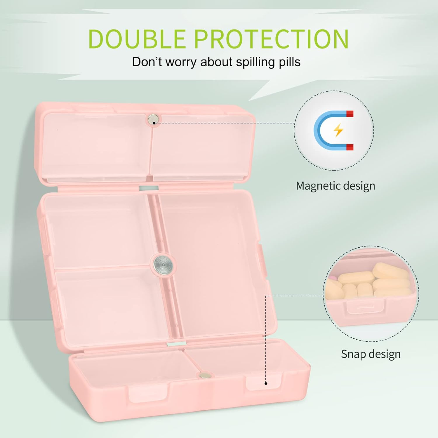 FYY 2 Pcs Daily Pill Organizer, 7 Compartments Portable Travel Pill Case,[Folding Design]Pill Box for Purse Pocket to Hold Vitamins,Cod Liver Oil,Supplements and Medication-Pink
