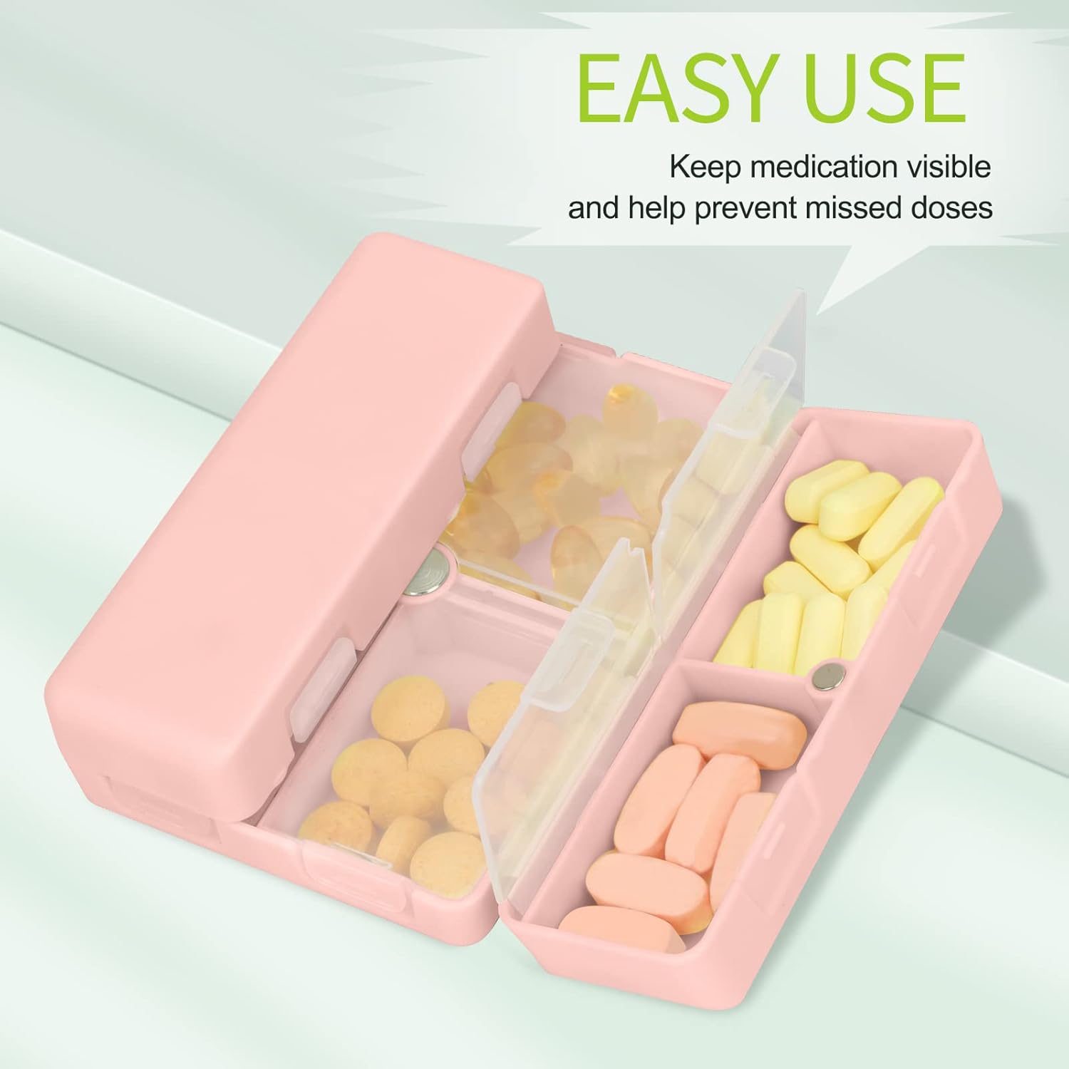 FYY 2 Pcs Daily Pill Organizer, 7 Compartments Portable Travel Pill Case,[Folding Design]Pill Box for Purse Pocket to Hold Vitamins,Cod Liver Oil,Supplements and Medication-Pink