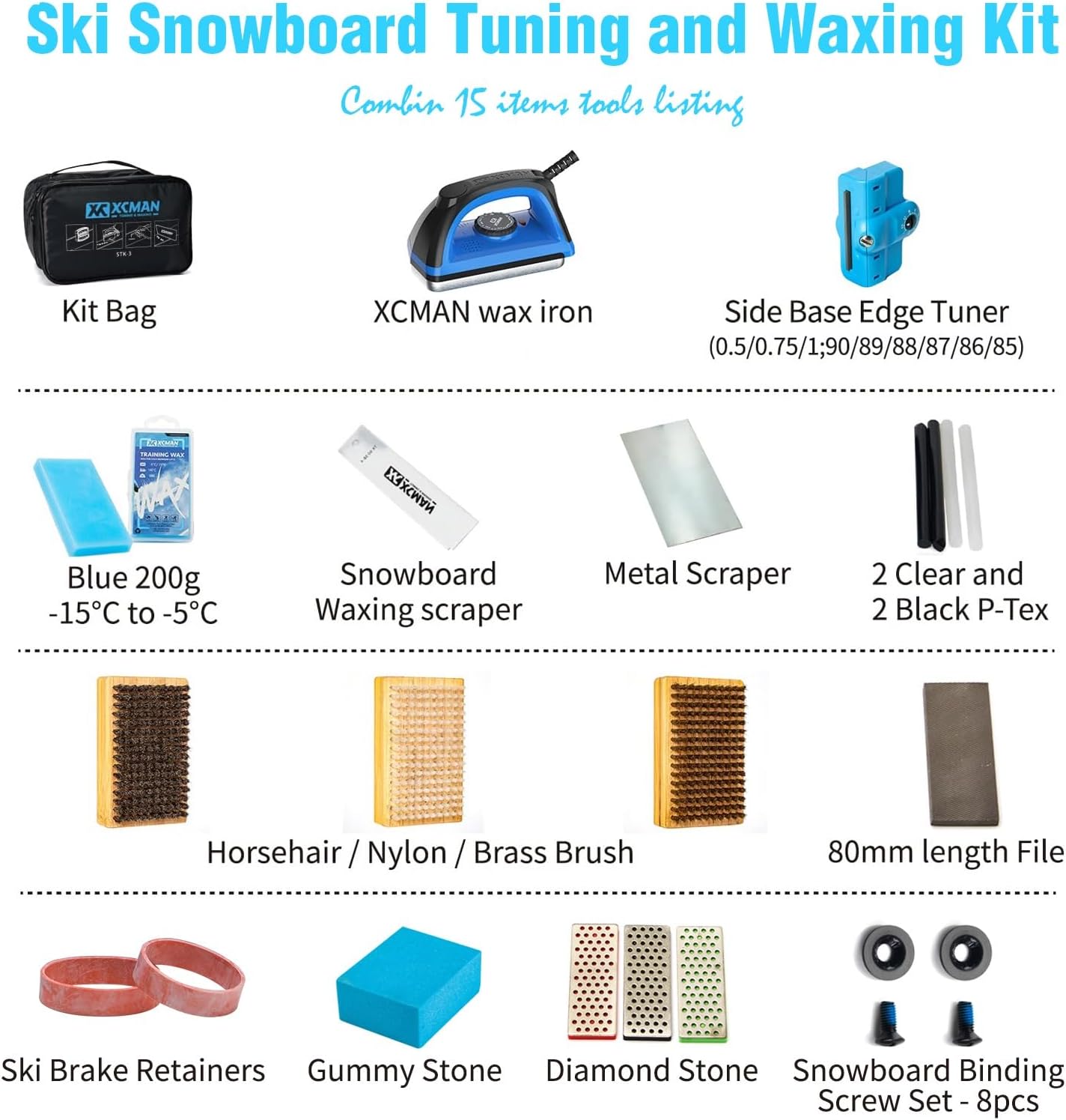 XCMAN Complete Ski Snowboard Tuning Waxing Combo Kit with Waxing Iron,Ski Wax,Side Base Edge Tuner,Ptex Base Repair,Gummy Stone,Diamond Stones for Ski Snowboard EdgeTuning · v2