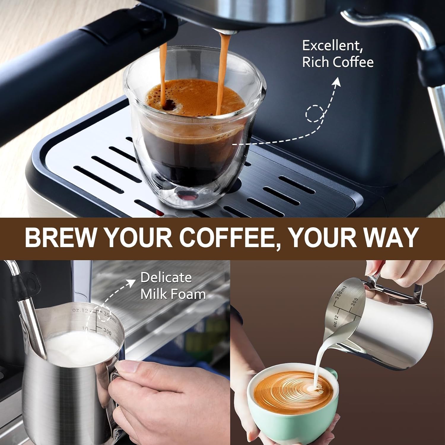 ICUIRE 20 Bar Espresso Machine with Milk Frothing Pitcher, 1.5L Removable Water Tank, Semi-Automatic Coffee Machine with Steam Wand for Espresso, Latte, and Cappuccino, 1050W · v2