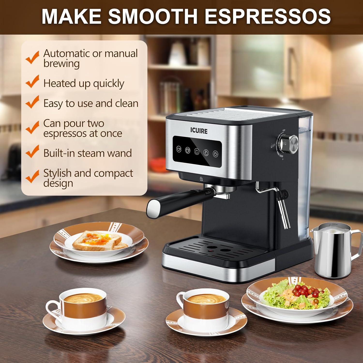 ICUIRE 20 Bar Espresso Machine with Milk Frothing Pitcher, 1.5L Removable Water Tank, Semi-Automatic Coffee Machine with Steam Wand for Espresso, Latte, and Cappuccino, 1050W · v2