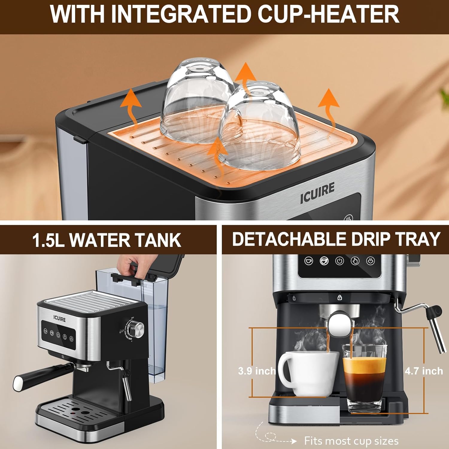 ICUIRE 20 Bar Espresso Machine with Milk Frothing Pitcher, 1.5L Removable Water Tank, Semi-Automatic Coffee Machine with Steam Wand for Espresso, Latte, and Cappuccino, 1050W · v2