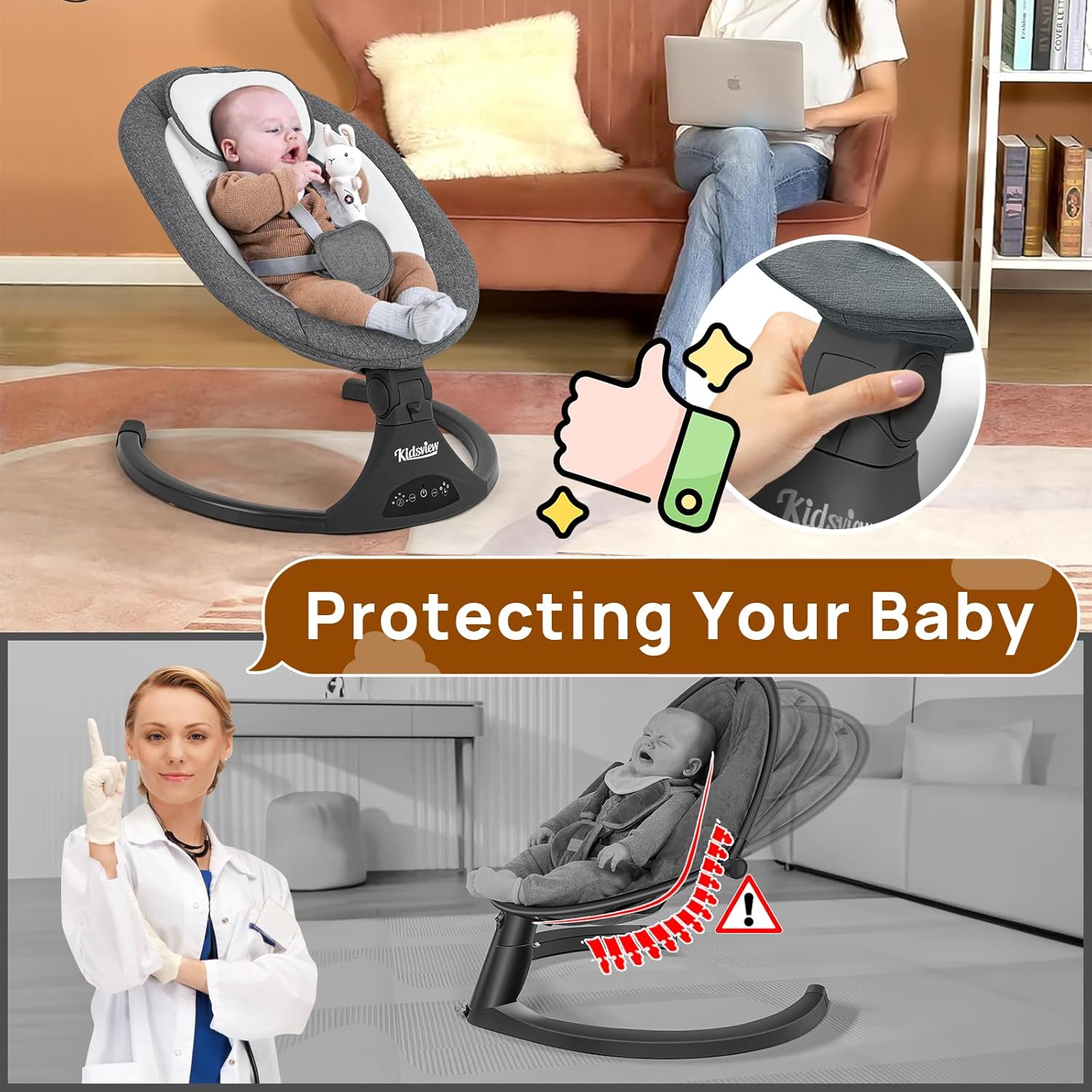 Portable 5 Speed Baby Rocker with Music, Remote Control, and Touch Screen for Infants - Suitable for 0-9 Months, 5-20 lbs, Gray (CR010A-1-GREY)